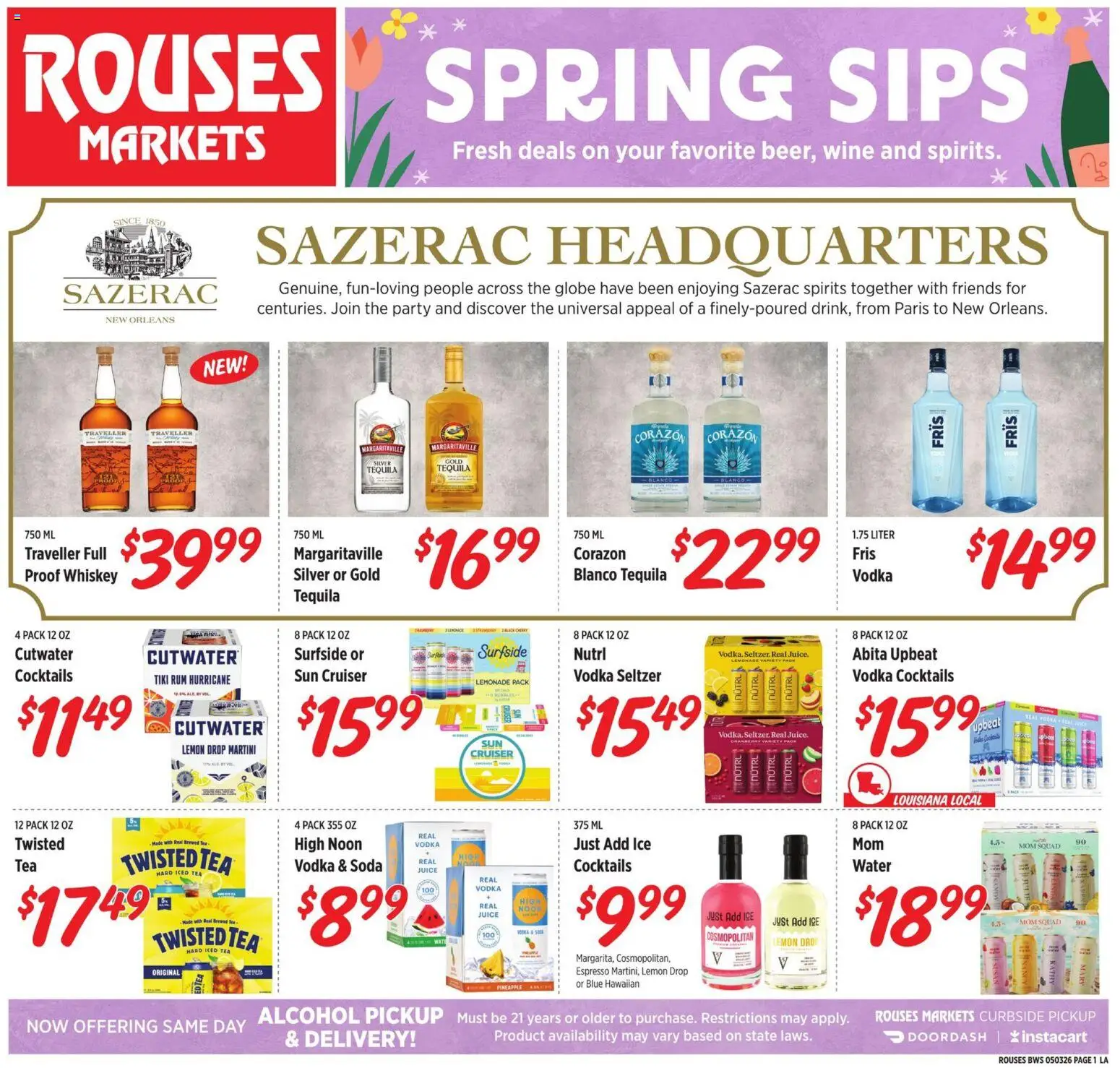 Rouses Monthly Alcohol Flyer - valid from 29.04.2026 | Page: 1 | Products: Juice, Wine, Tea, Whiskey