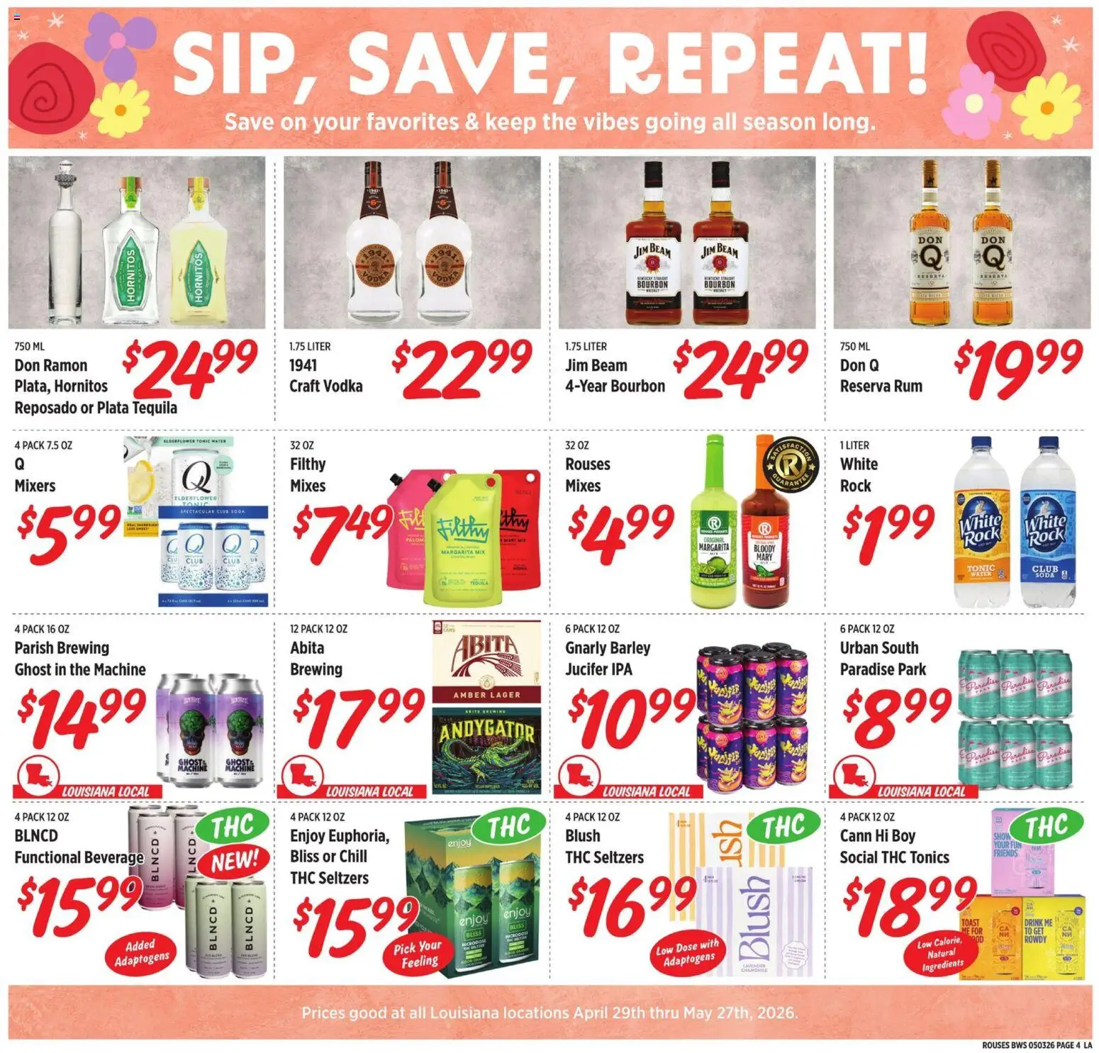 Rouses Monthly Alcohol Flyer - valid from 29.04.2026 | Page: 4 | Products: Blush, Bourbon, Vodka, Water