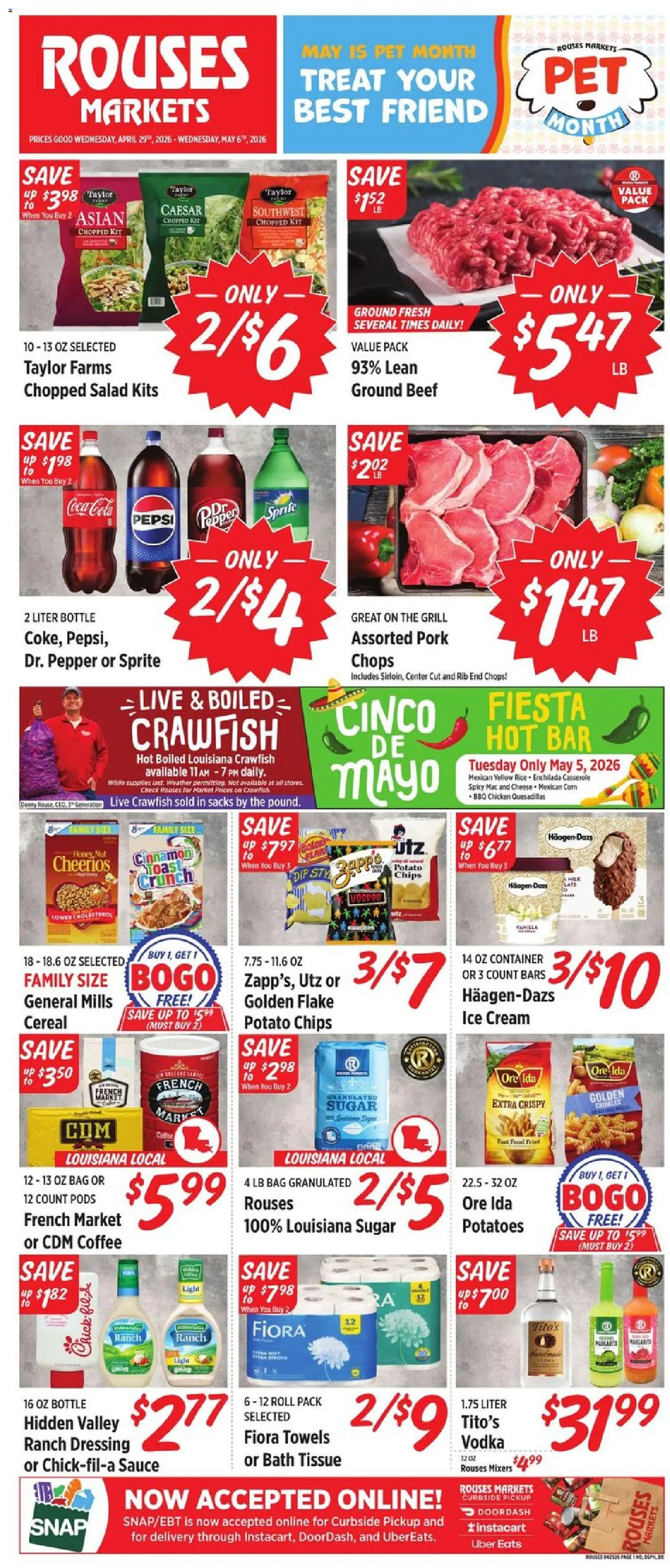 Rouses Weekly Ad - LA - valid from 29.04.2026 | Page: 1 | Products: Pork, Beef, Ice cream, Salad