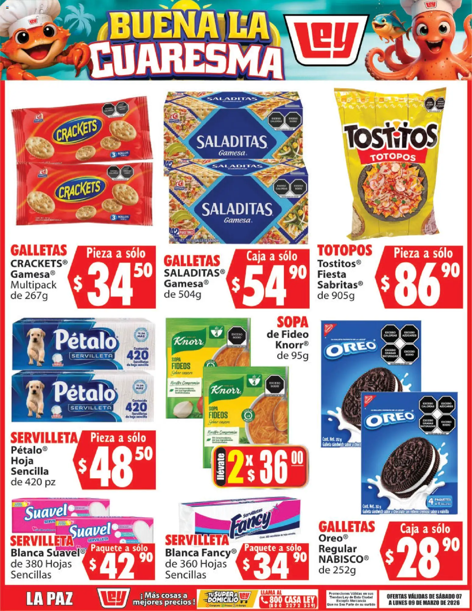 Nuevas ofertas de Casa Ley válidas en toda la República Mexicana desde el 07.03.2026. ¡Encuentra las mejores ofertas en Casa Ley folleto Buena la Cuaresma! | Página: 5 | Productos: Fideos, Galletas, Caja, Servilletas