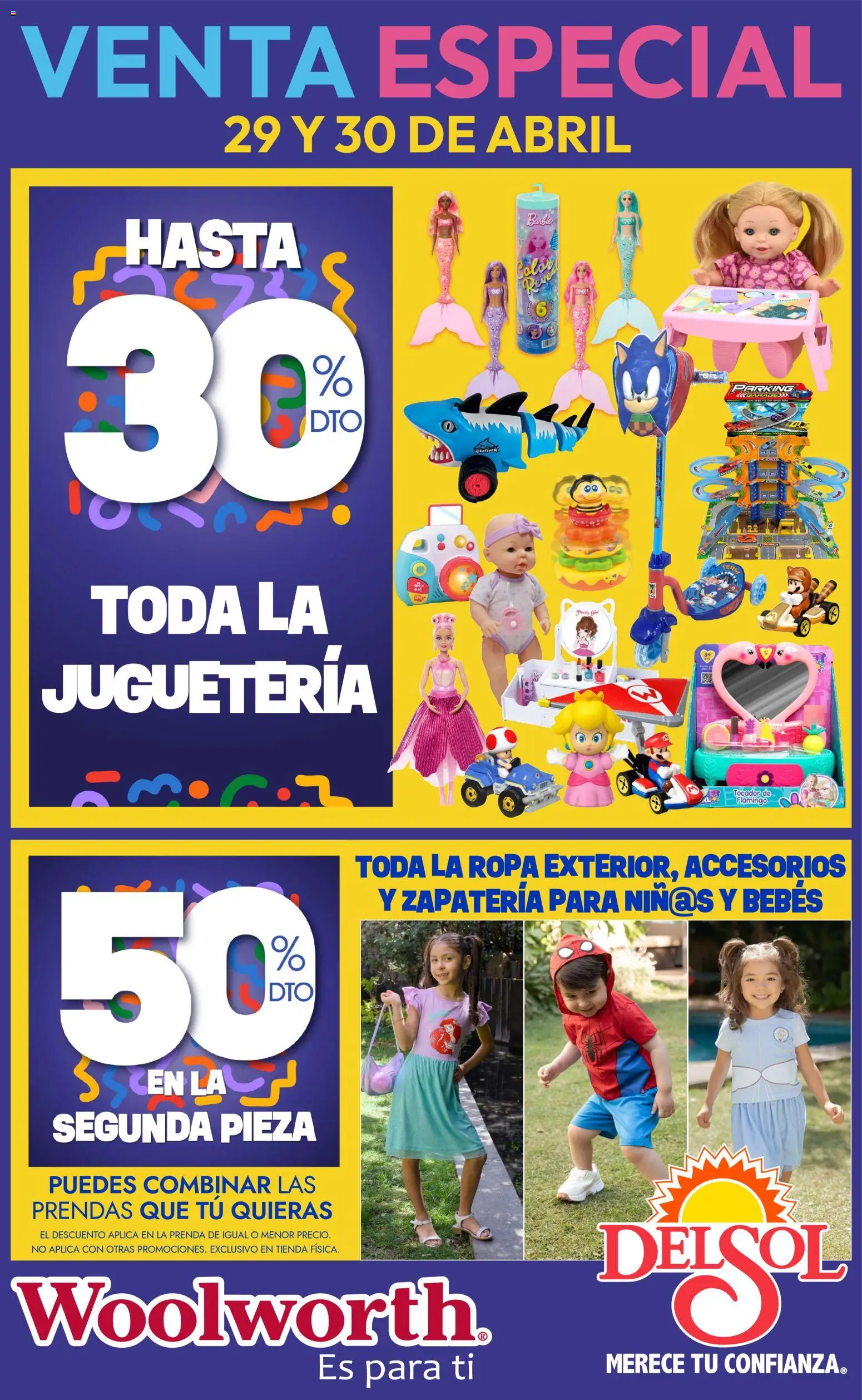 Nuevas ofertas de Del Sol y Woolworth válidas en toda la República Mexicana desde el 29.04.2026. ¡Encuentra las mejores ofertas en Del Sol y Woolworth katalog Venta Especial Día del Niño 2026! | Página: 1