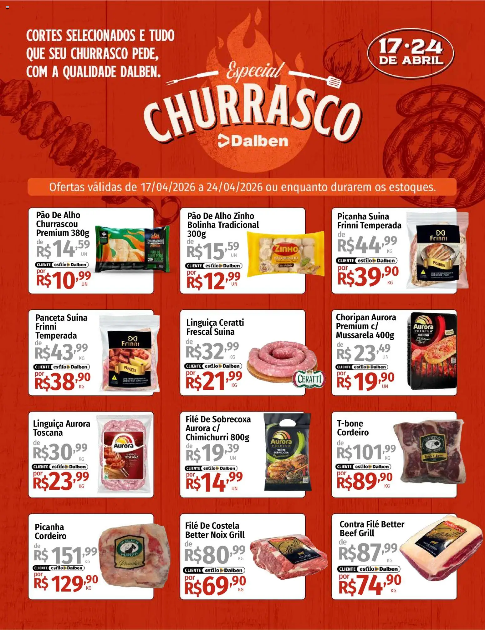 Supermercado Dalben Folheto - válido de 17.04.2026 | Página: 1 | Produtos: Pao de alho, Linguiça, Picanha, Cordeiro