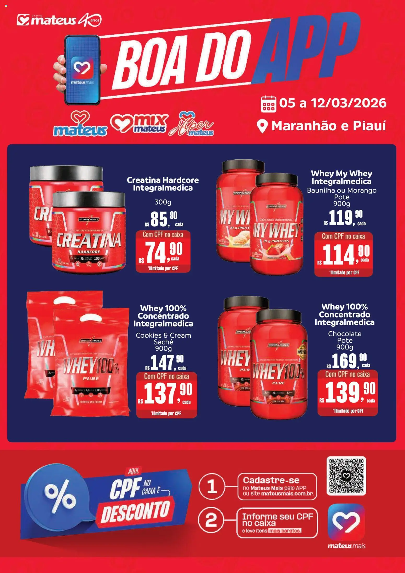 Mateus Folheto - válido de 05.03.2026 | Página: 1 | Produtos: Creatina, Caixa, Chocolate, Cookies