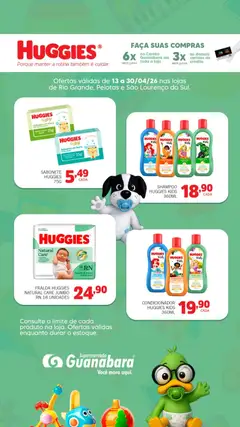 Supermercado Guanabara ofertas Huggies - Pré-Visualização do folheto da loja Supermercado Guanabara, válido de 13.04.2026 | Página: 1 | Produtos: Shampoo, Faca, Sabonete, Fraldas