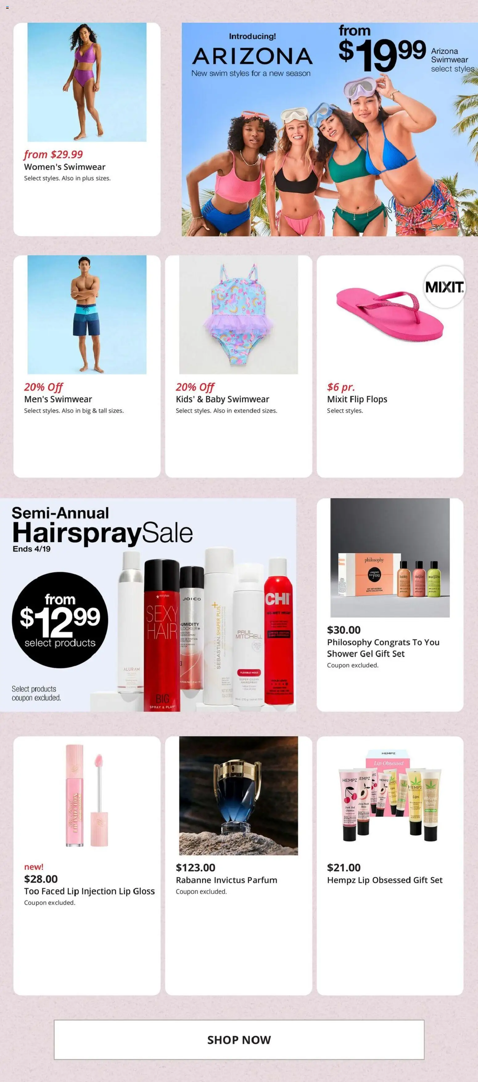 JCPenney Weekly Ad - valid from 13.03.2026 | Page: 3 | Products: Shower, Lip gloss, Swimwear, Flops