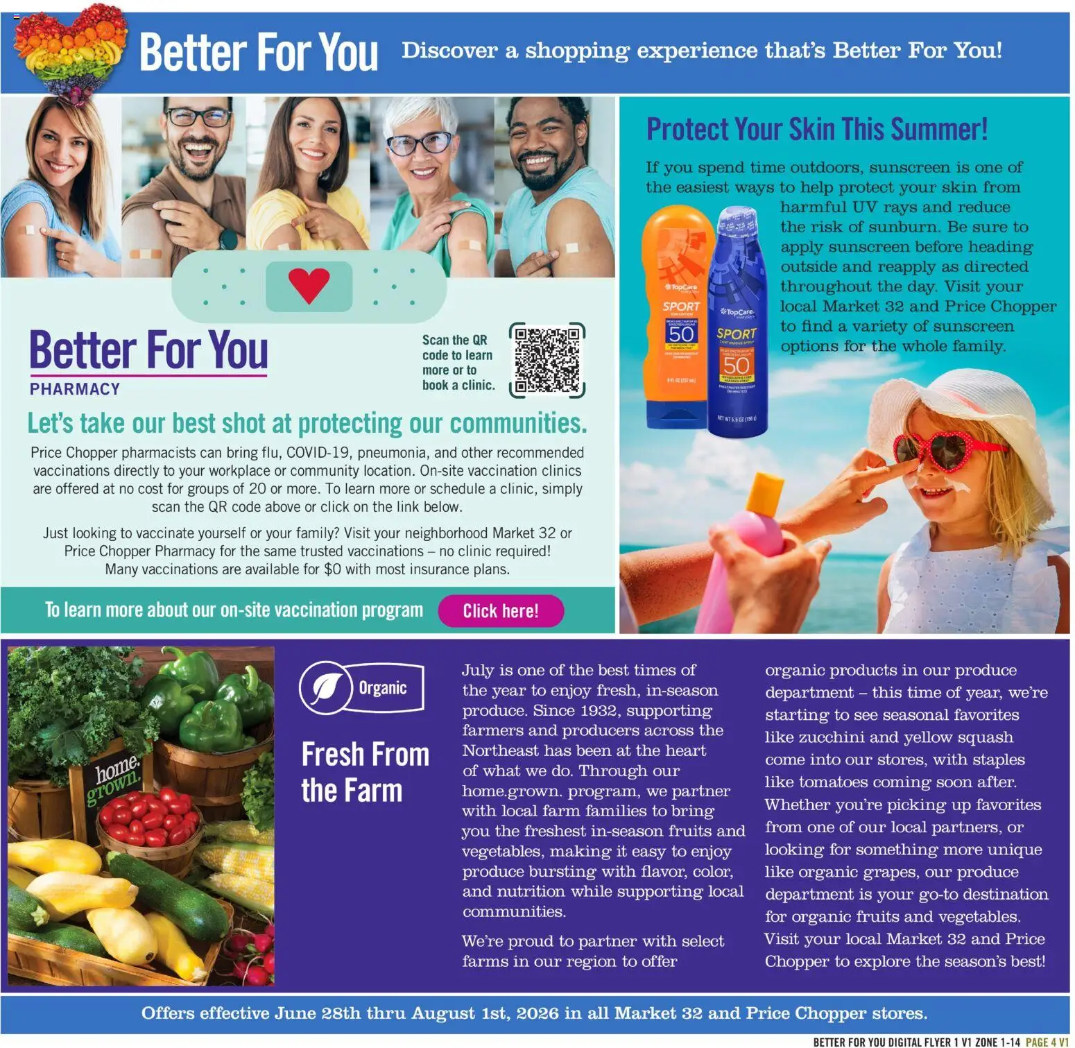 Price Chopper Better For You July - valid from 07/01/2026 | Page: 4 | Products: Squash, Zucchini, Sunscreen, Fruits