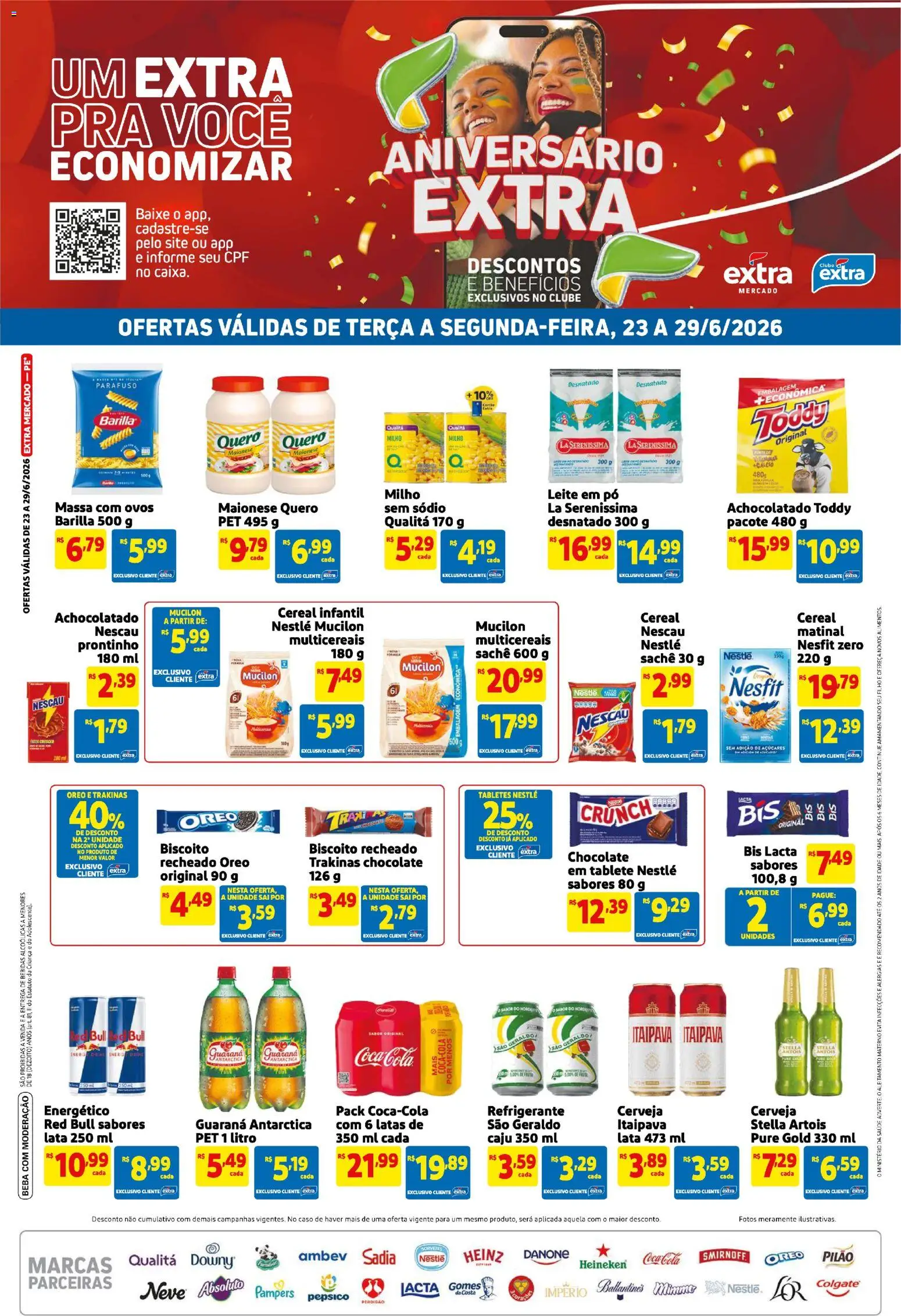 Extra Folheto - válido de 23/06/2026 | Página: 1 | Produtos: Achocolatado, Leite, Maionese, Leite em pó
