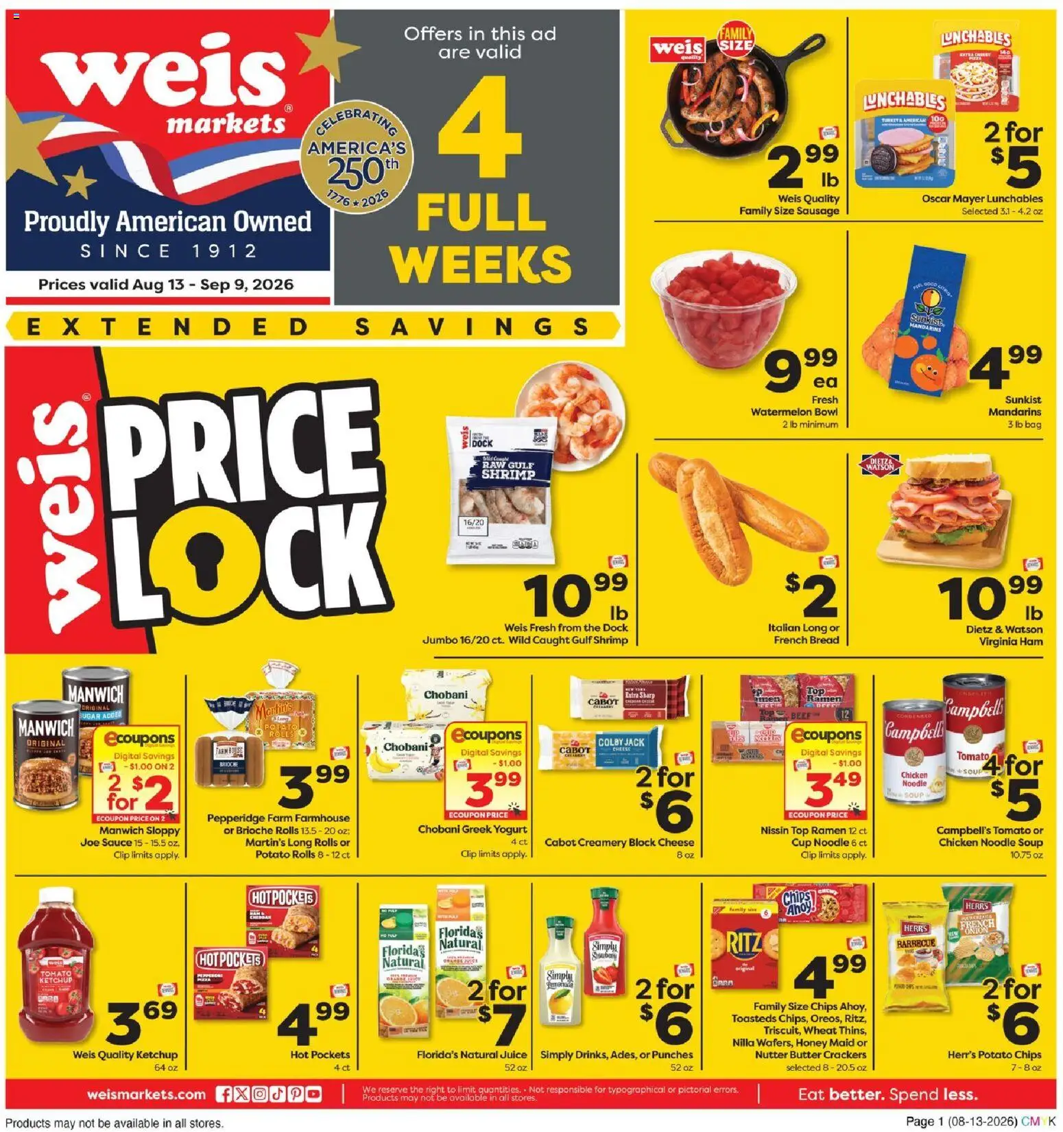 Weis Monthly Ad - valid from 08/13/2026 | Page: 1 | Products: Potato chips, Chicken, Ham, Tomato