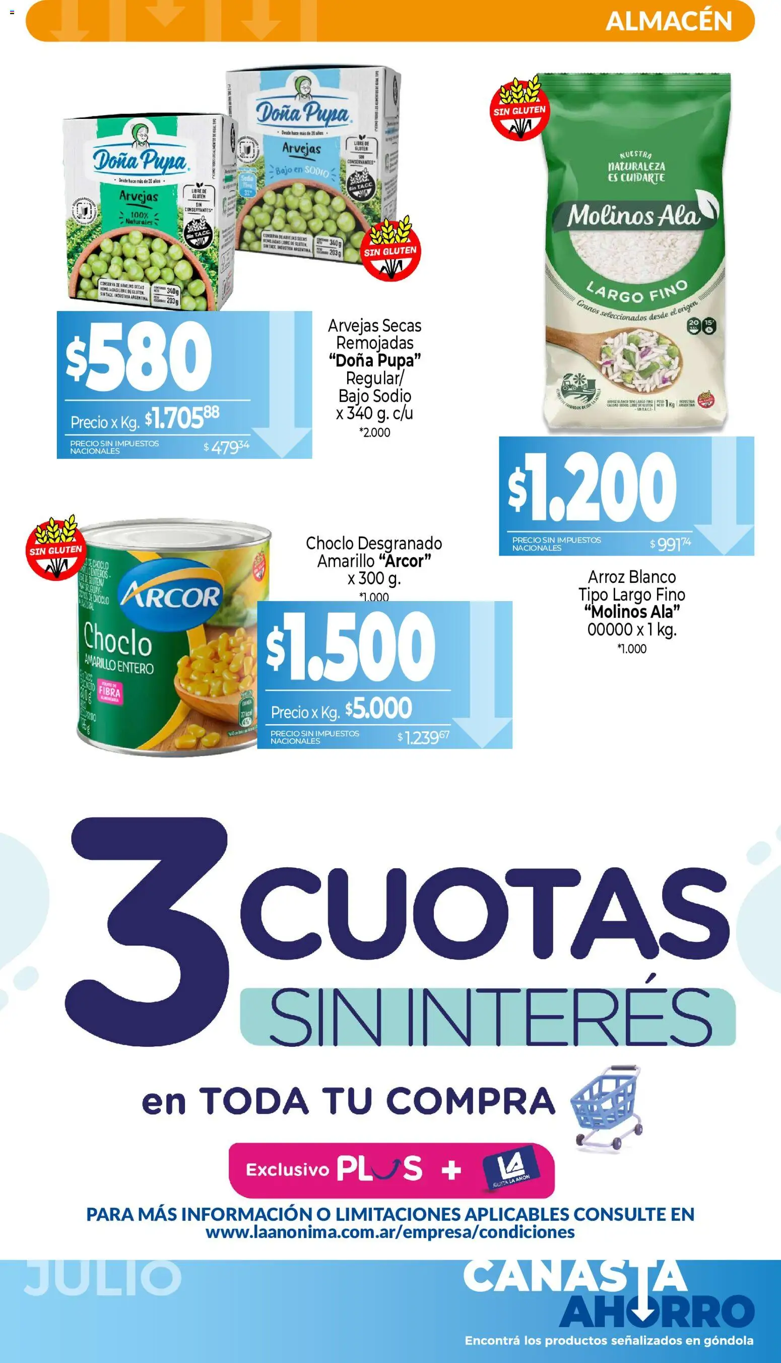 La Anonima catálogo │ válido desde el 01/07/2026 | Página: 3 | Productos: Peso, Arvejas, Arroz, Canasta