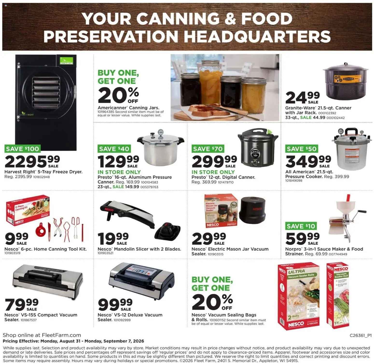 Mills Fleet Farm Weekly Ad - valid from 08/31/2026 | Page: 26 | Products: Vacuum, Sauce, Vacuum Sealer, Slicer