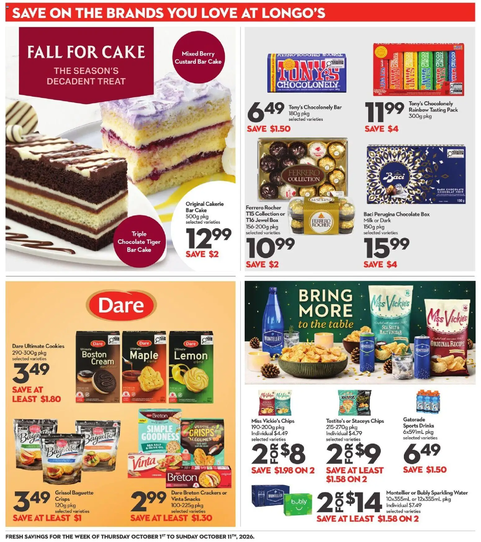 Longo's flyer valid from Oct 1, 2026 | Page: 27 | Products: Chips, Legumes, Olive oil, Donut