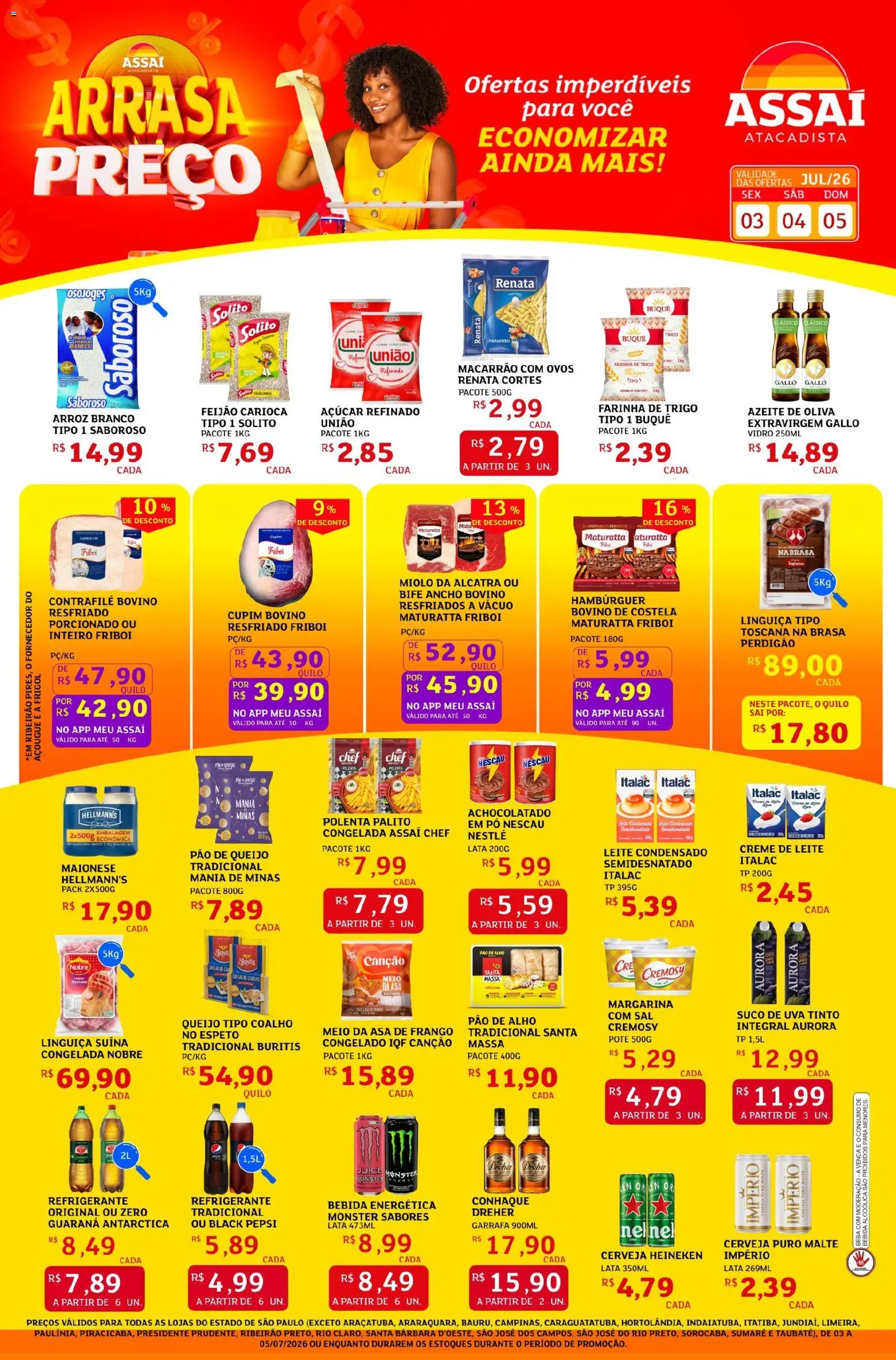 Assaí Atacadista Folheto - válido de 03/07/2026 | Página: 1 | Produtos: Cerveja, Cerveja Heineken, Macarrão, Sal