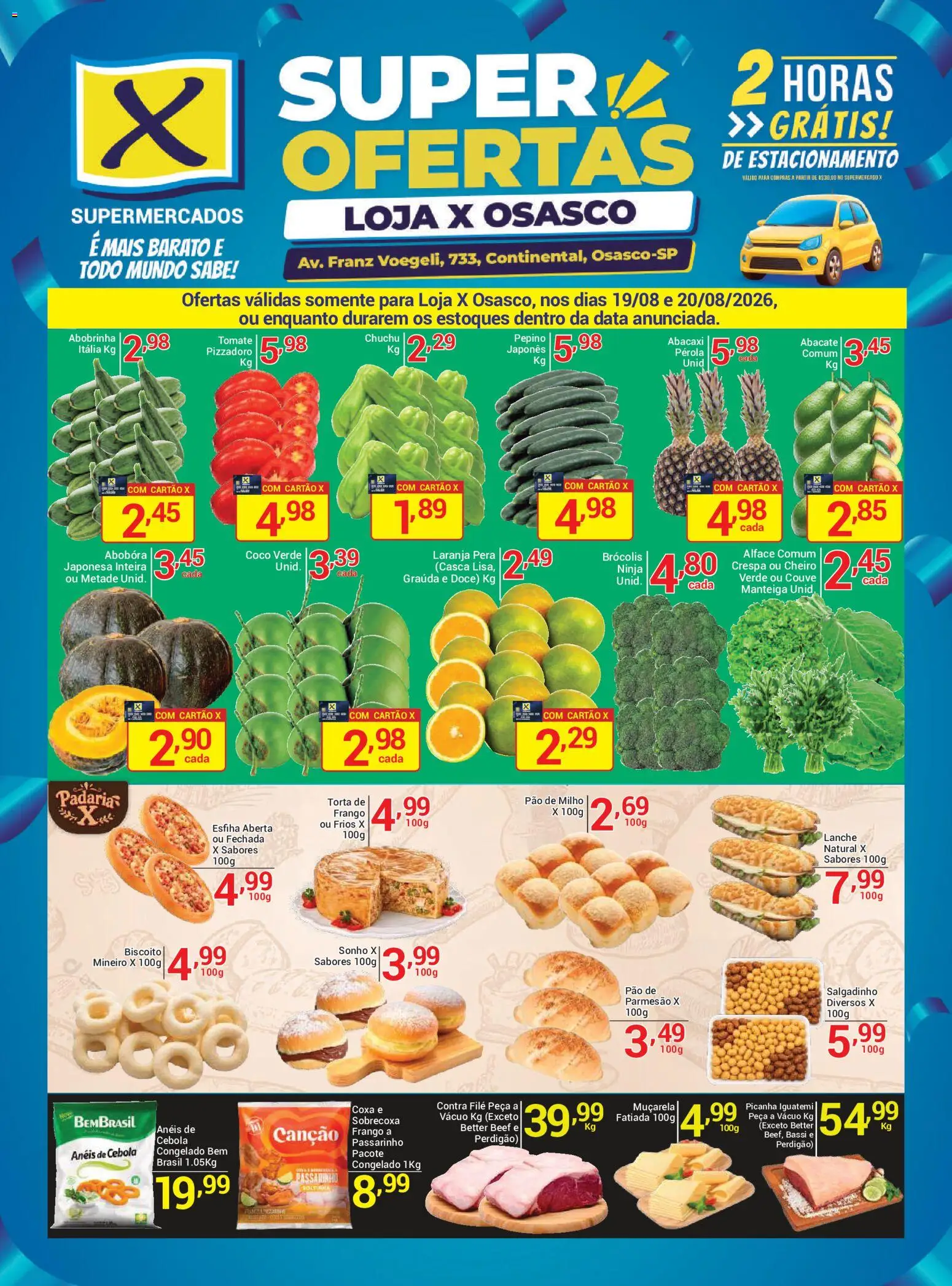 X Supermercados Folheto - válido de 19/08/2026 | Página: 1 | Produtos: Muçarela, Alface, Doce, Frango