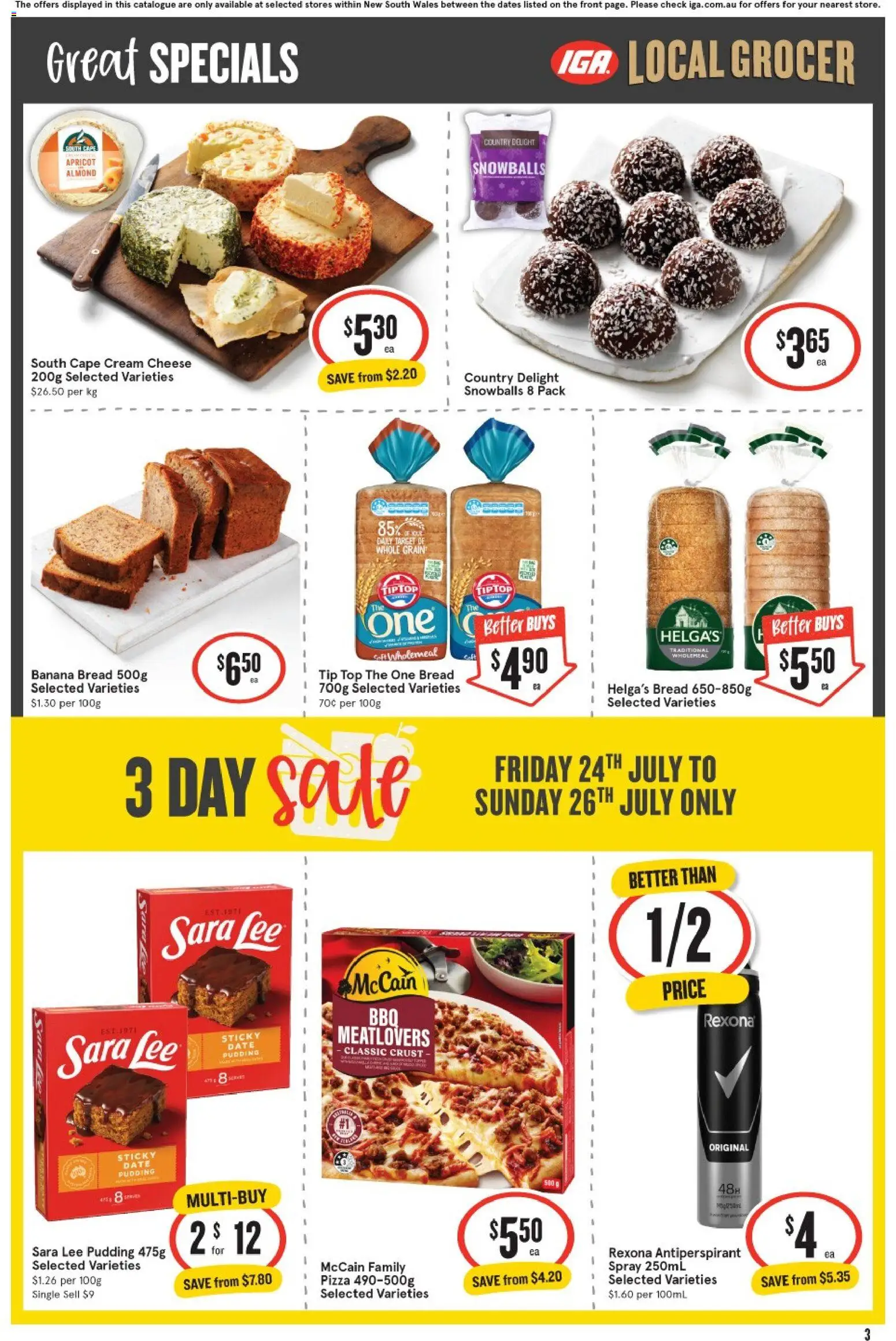 IGA catalogue - valid from 22/07/2026 | Page: 3 | Products: Cheese, Pizza, Antiperspirant, Pudding