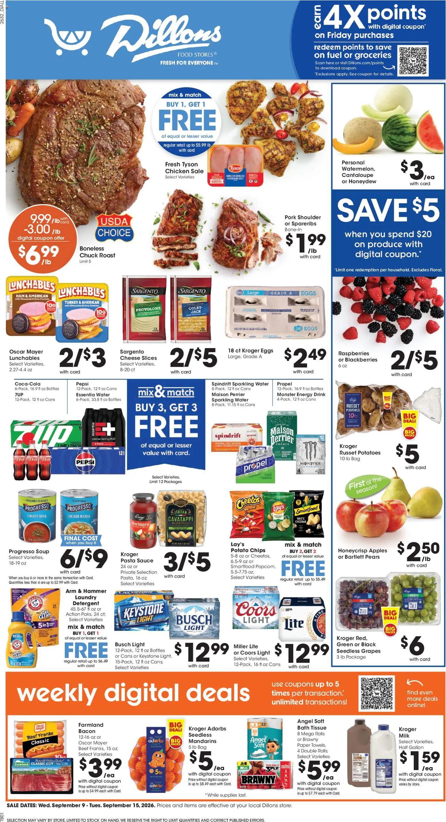Dillons Weekly Ad - valid from 09/09/2026 | Page: 1 | Products: Mandarins, Pork, Potatoes, Water
