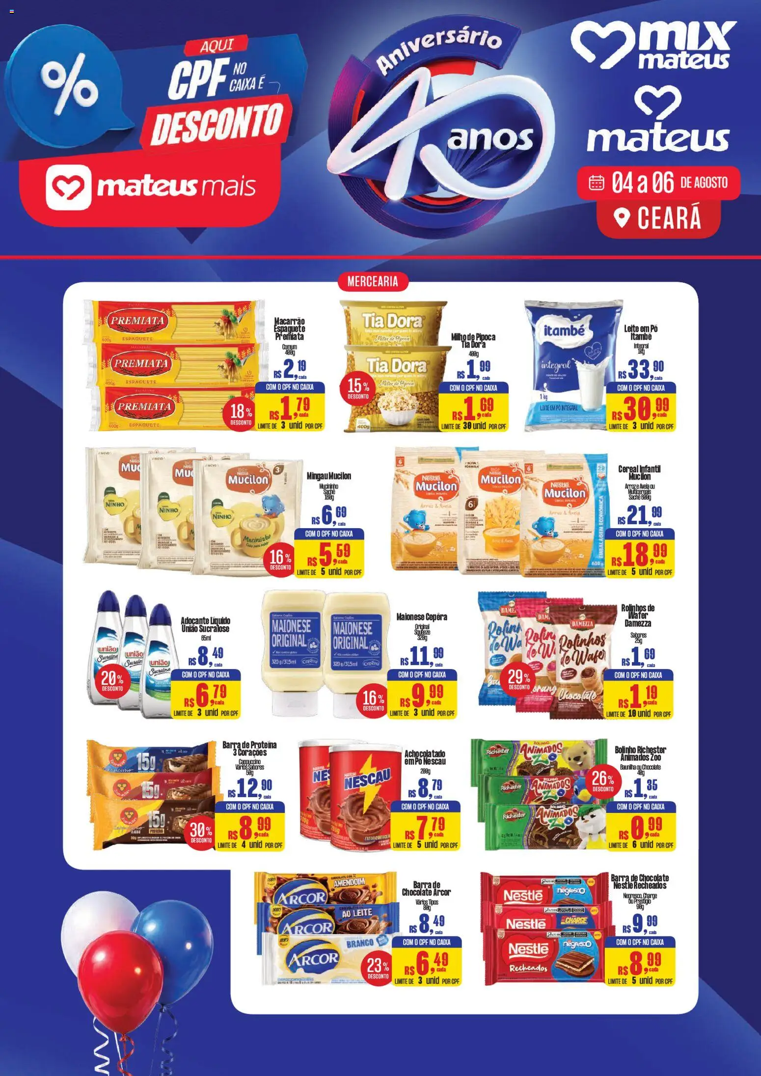 Mateus Folheto - válido de 04/08/2026 | Página: 1 | Produtos: Espaguete, Aveia, Mucilon, Barra de proteína