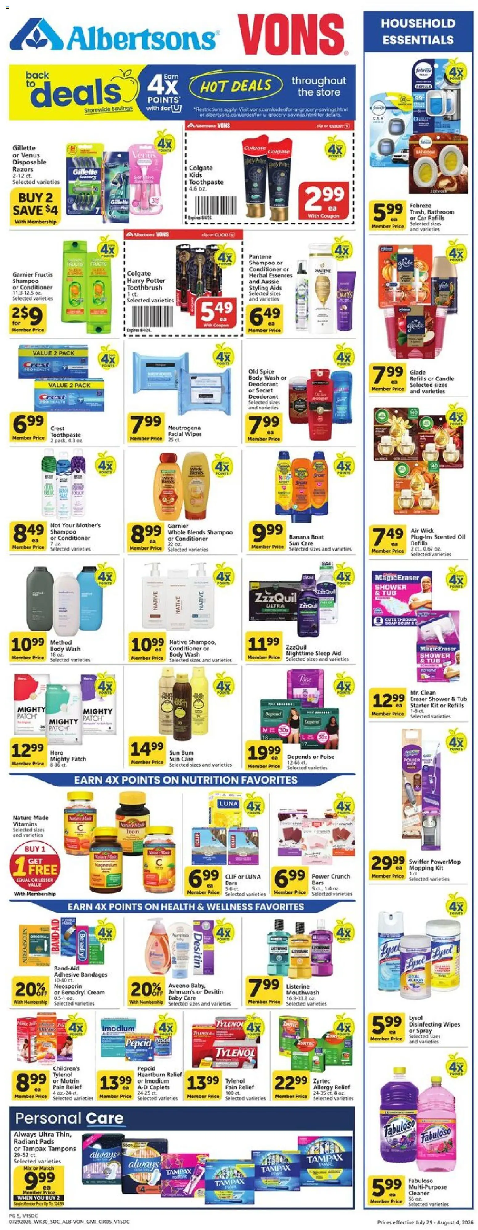 Vons Weekly Ad - valid from 07/29/2026 | Page: 4 | Products: Eraser, Shampoo, Conditioner, Body Wash