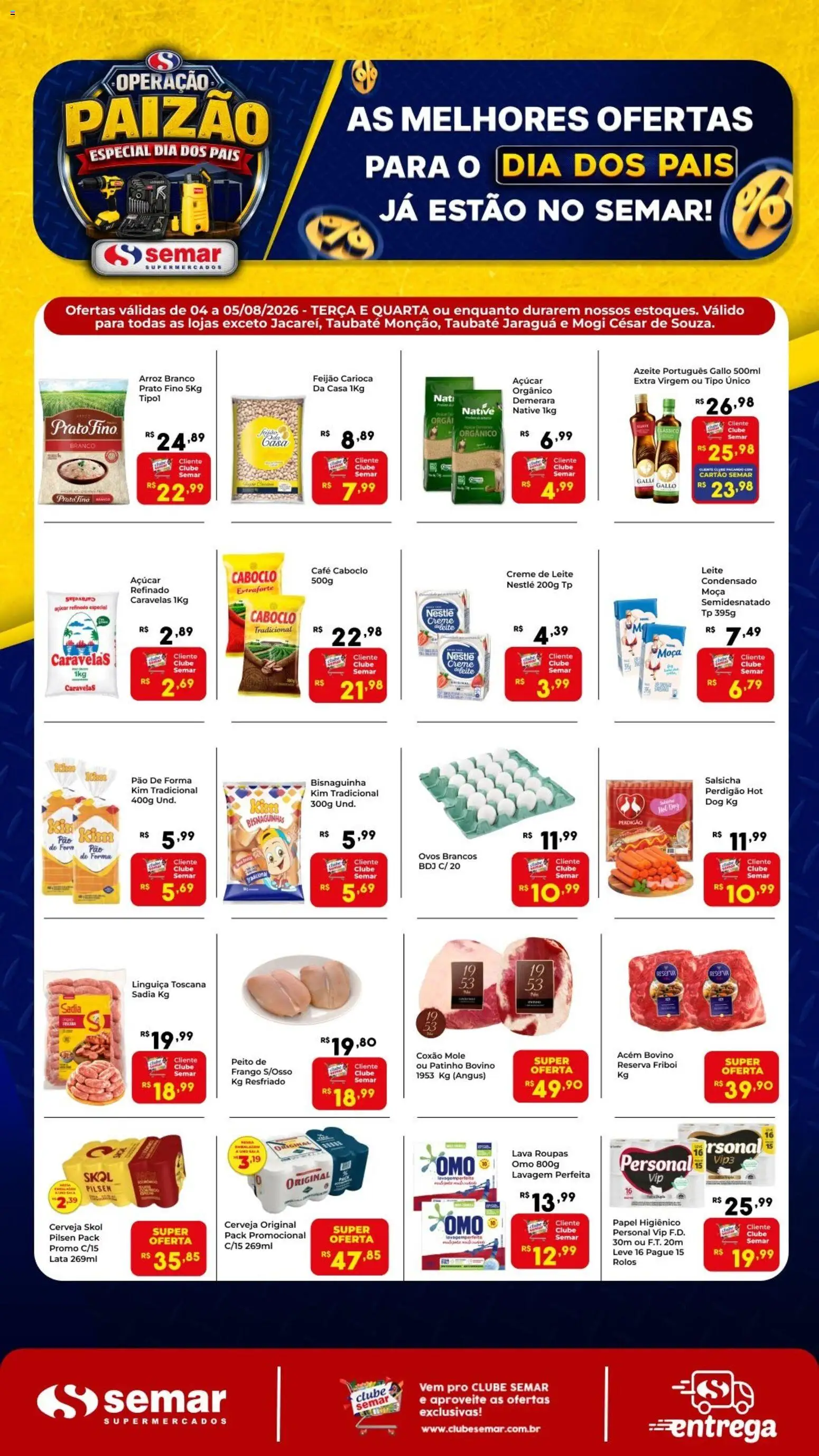 Semar Supermercado Folheto - válido de 04/08/2026 | Página: 1 | Produtos: Salsicha, Cerveja, Roupas, Leite condensado