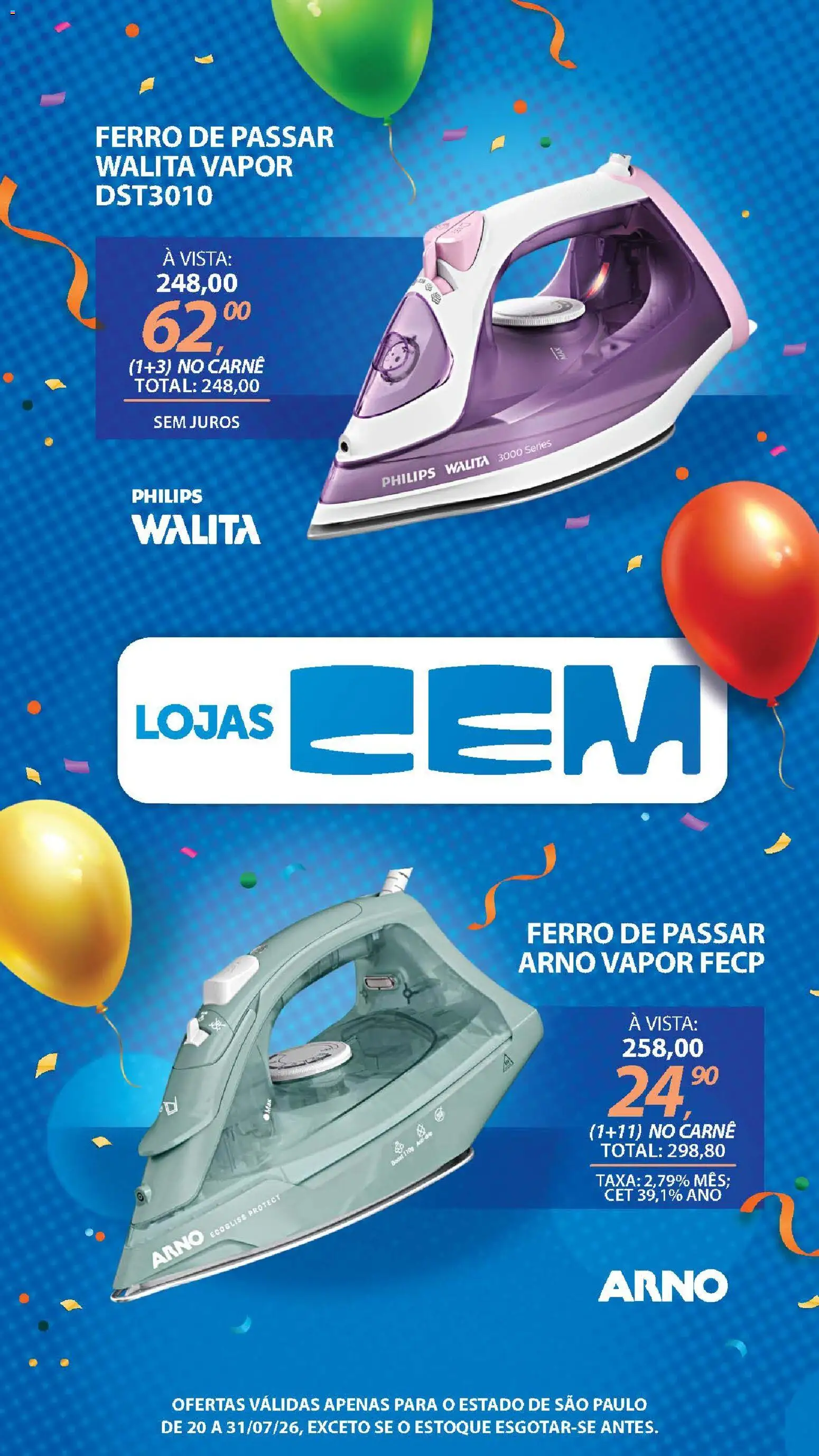 Lojas Cem Folheto - válido de 20/07/2026 | Página: 120 | Produtos: Ferro, Ferro de passar, Carne