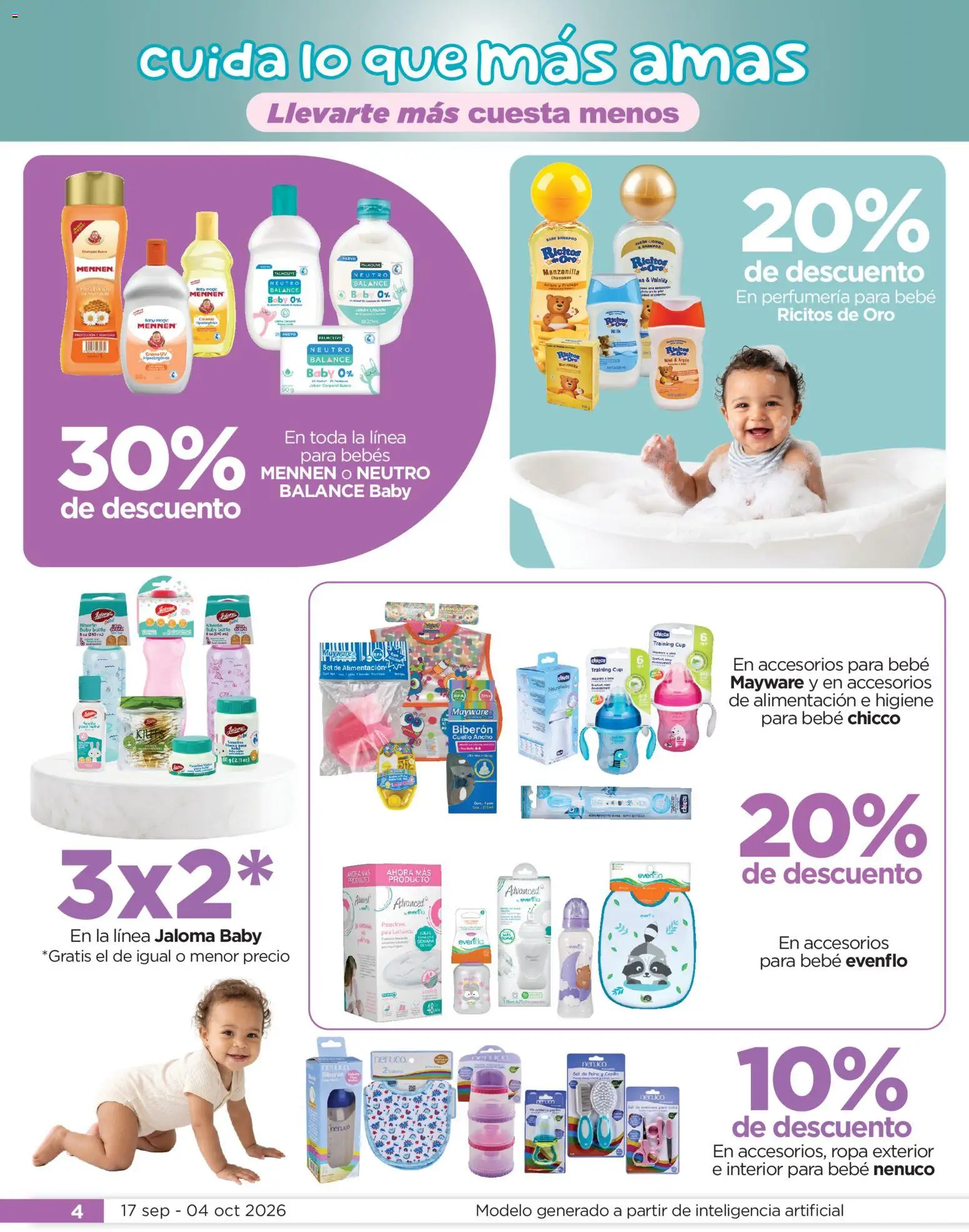 Nuevas ofertas de Chedraui válidas en toda la República Mexicana desde el 17/09/2026. ¡Encuentra las mejores ofertas en Chedraui folleto Cuida lo que más amas! | Página: 4 | Productos: Biberón, Shampoo, Miel, Ropa