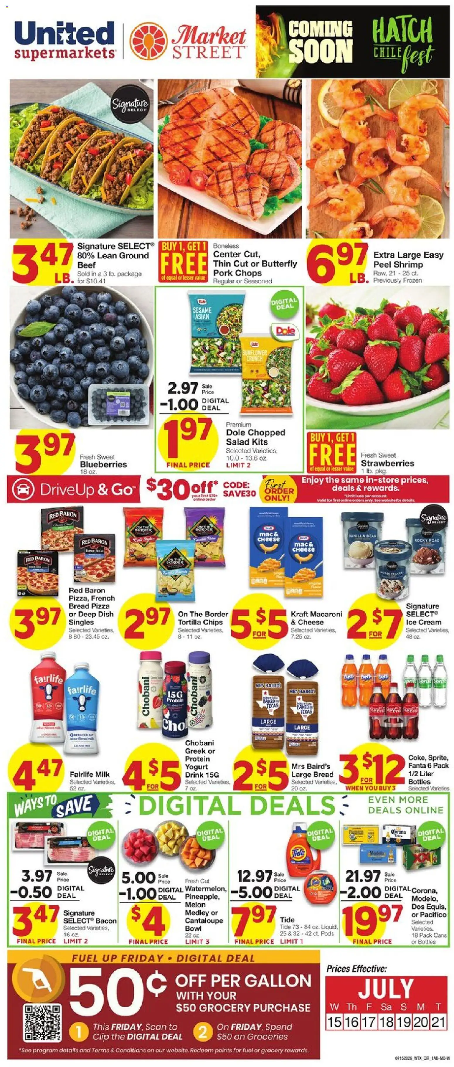 United Supermarkets Weekly Ad - valid from 07/15/2026 | Page: 1 | Products: Yogurt, Bread, Beef, Salad