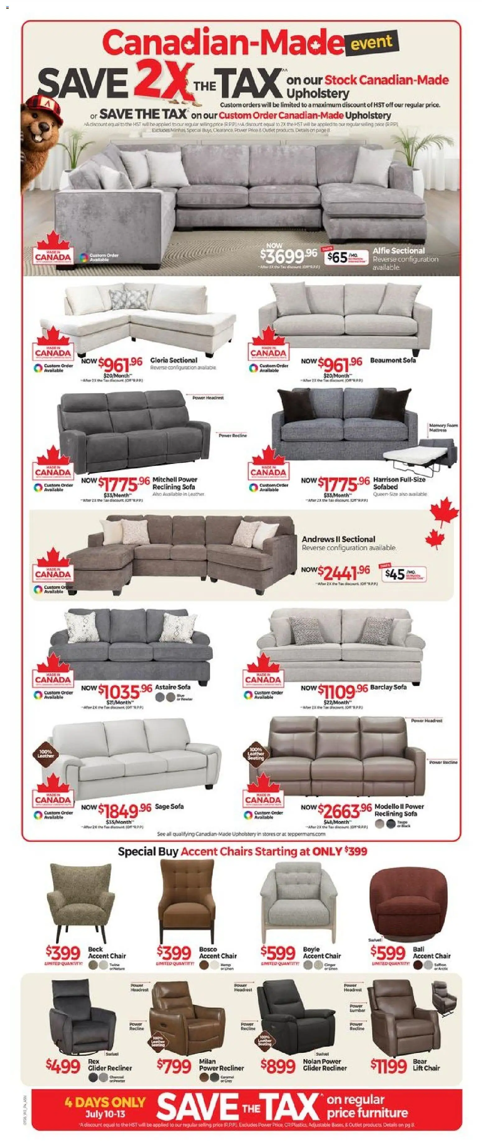 Tepperman's flyer valid from Jul 10, 2026 | Page: 5 | Products: Mattress, Sofa, Chair