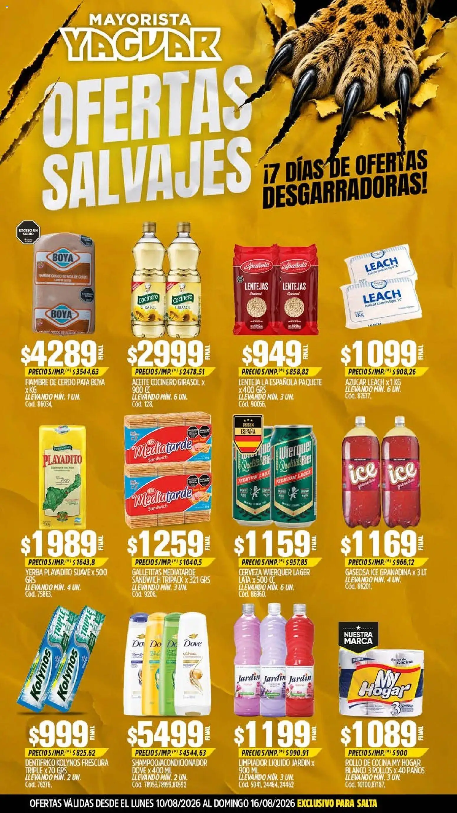 Yaguar - Oferta Semanal Salta │ válido desde el 10/08/2026 | Página: 1 | Productos: Azucar, Aceite, Cerdo, Limpiador