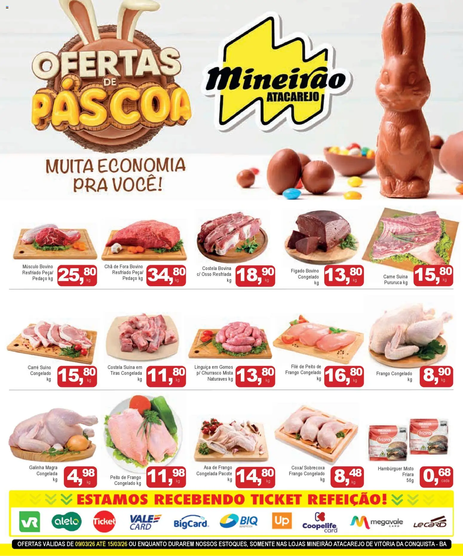 Mineirão Atacarejo Folheto - válido de 09.03.2026 | Página: 1 | Produtos: Linguiça, Hambúrguer, Frango, Peito de frango