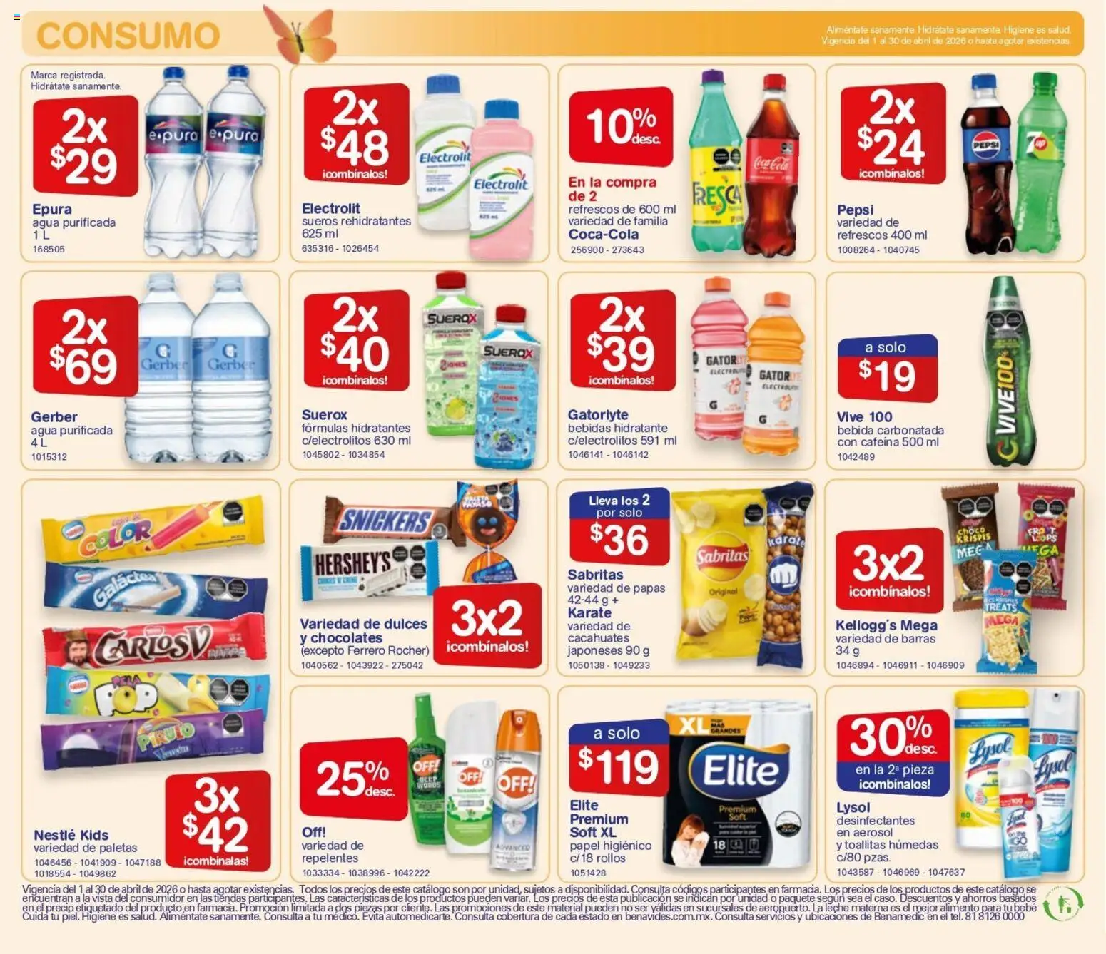 Nuevas ofertas de Farmacia Benavides válidas en toda la República Mexicana desde el 01.04.2026. ¡Encuentra las mejores ofertas en Farmacia Benavides catálogo! | Página: 22 | Productos: Pera, Agua, Toallitas húmedas, Dulces