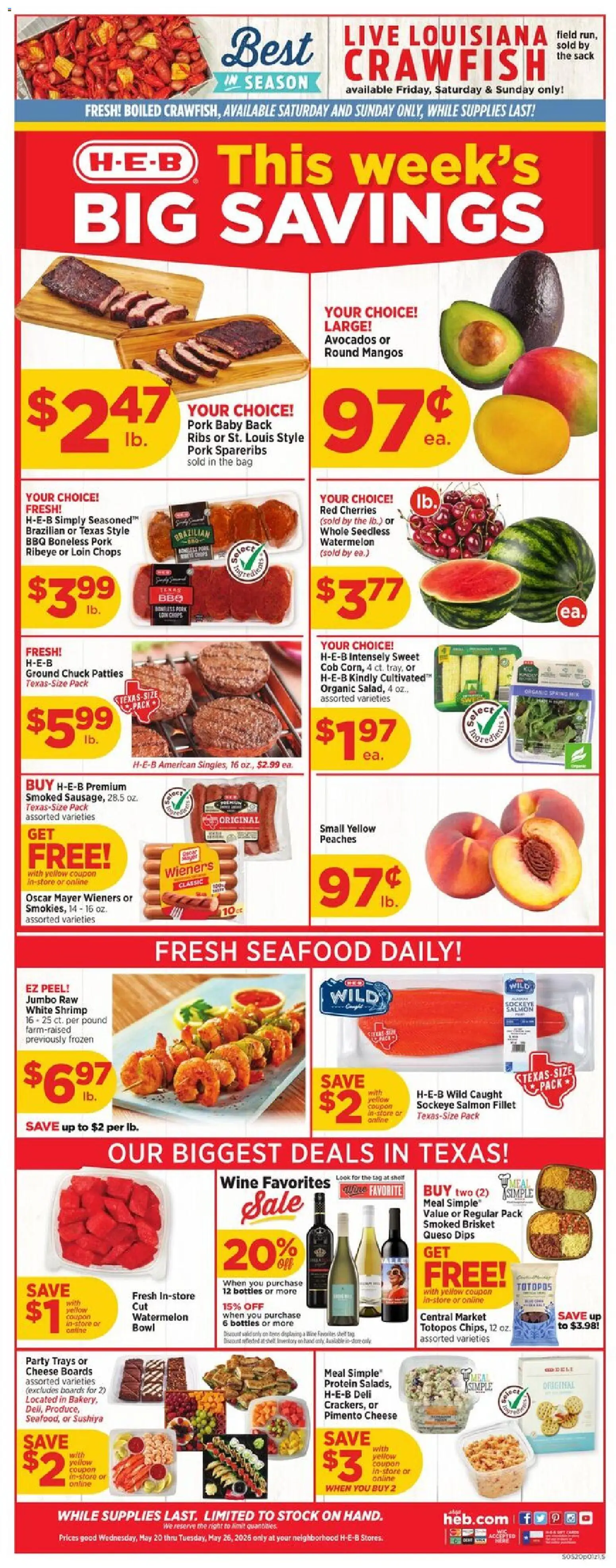 H-E-B Weekly Ad - valid from 20.05.2026 | Page: 1 | Products: Peaches, Wine, Pork, Watermelon