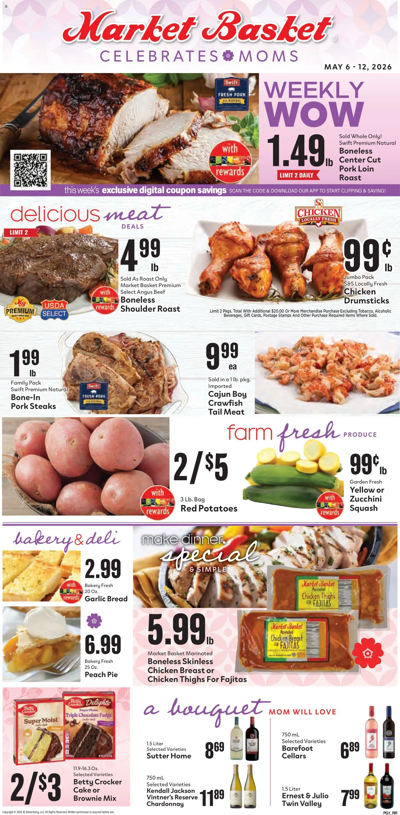 Market Basket Weekly Ad - valid from 06.05.2026 | Page: 1 | Products: Bakery, Beef, Potatoes, Peach Pie