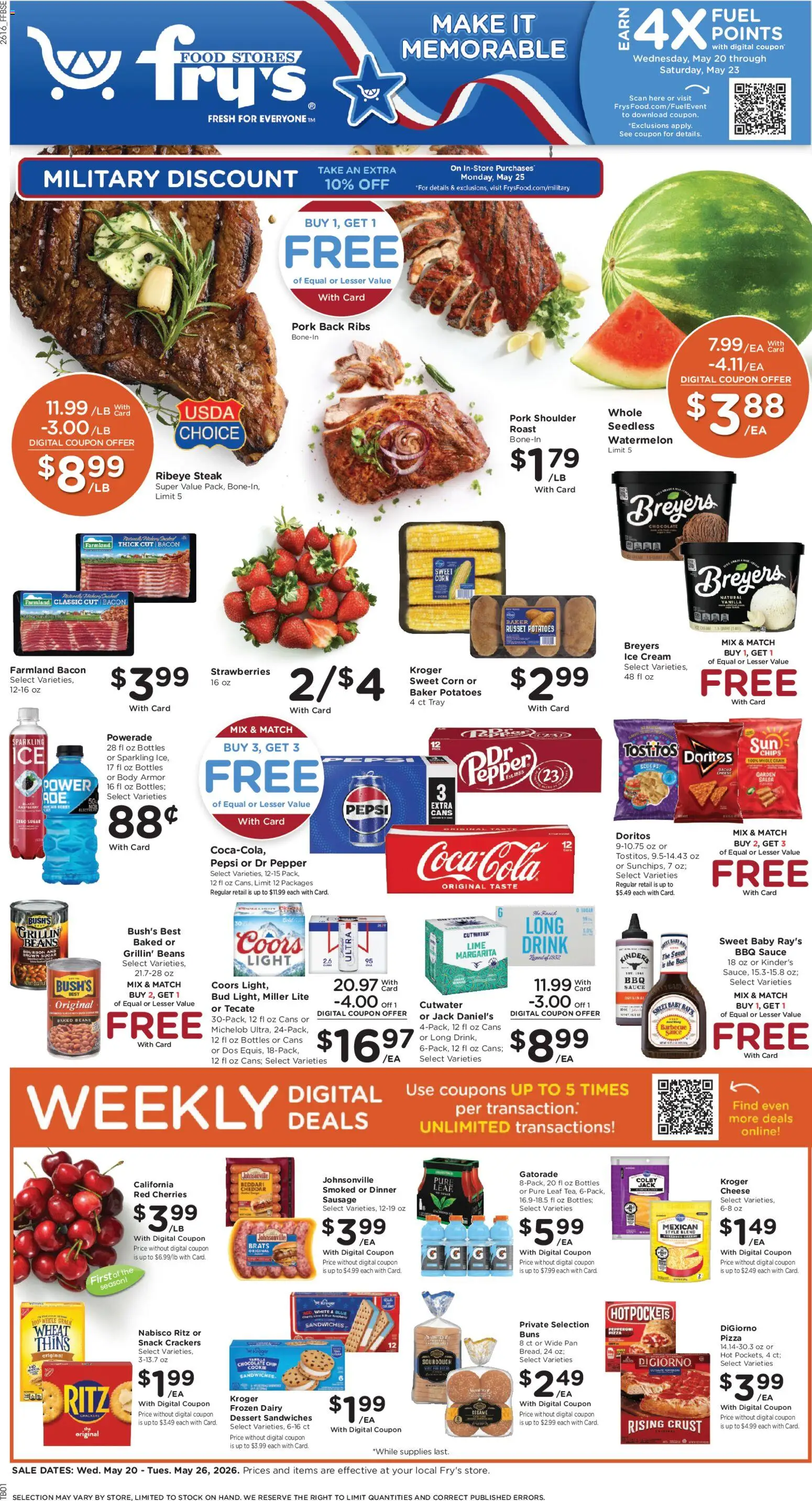 Fry's Food Weekly Ad - valid from 20.05.2026 | Page: 1 | Products: Pizza, Pork, Cream, Potatoes