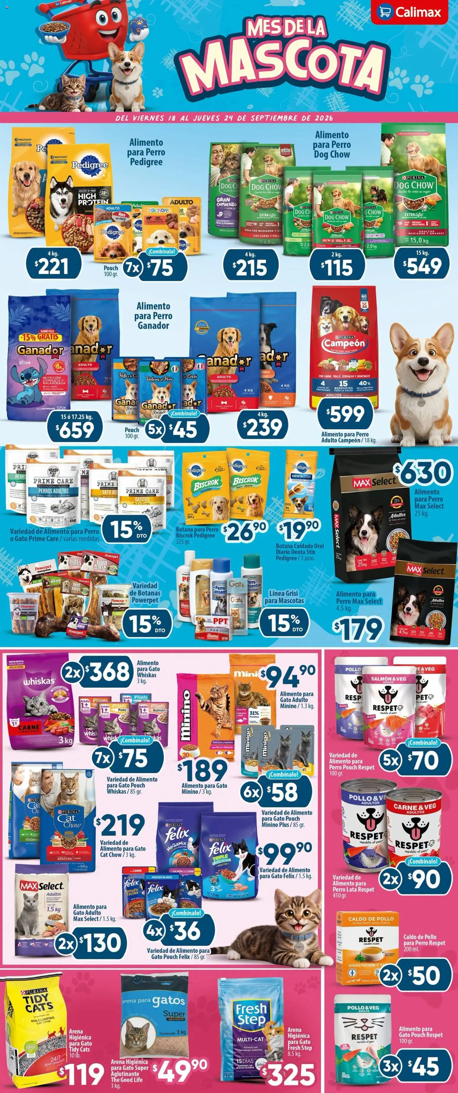 Nuevas ofertas de Calimax válidas en toda la República Mexicana desde el 18/09/2026. ¡Encuentra las mejores ofertas en Calimax folleto Rosarito! | Página: 3 | Productos: Arena para gatos, Atún, Carne, Caldo de pollo