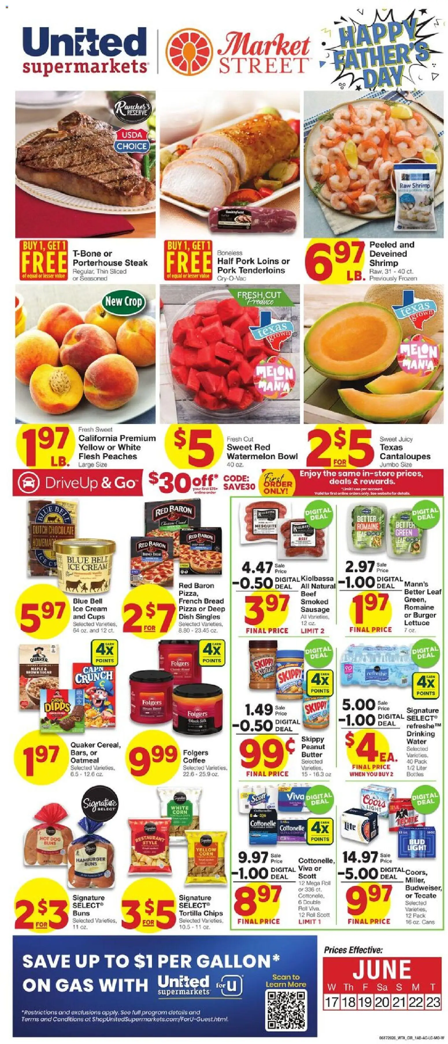United Supermarkets Weekly Ad - valid from 17.06.2026 | Page: 1 | Products: Cantaloupes, Bread, Beef, Chips