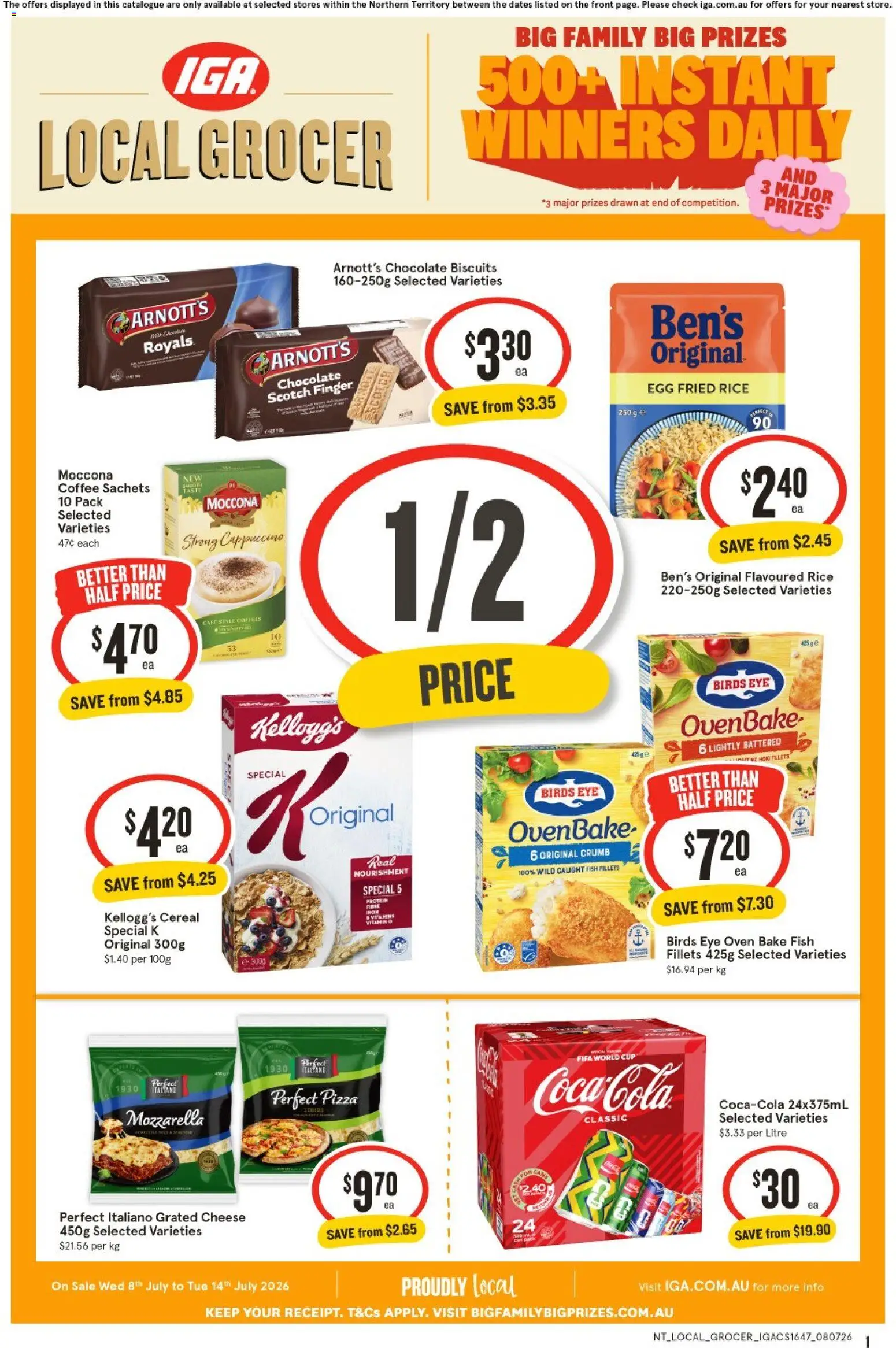 IGA catalogue - valid from 08/07/2026 | Page: 1 | Products: Cheese, Pizza, Moccona, Oven