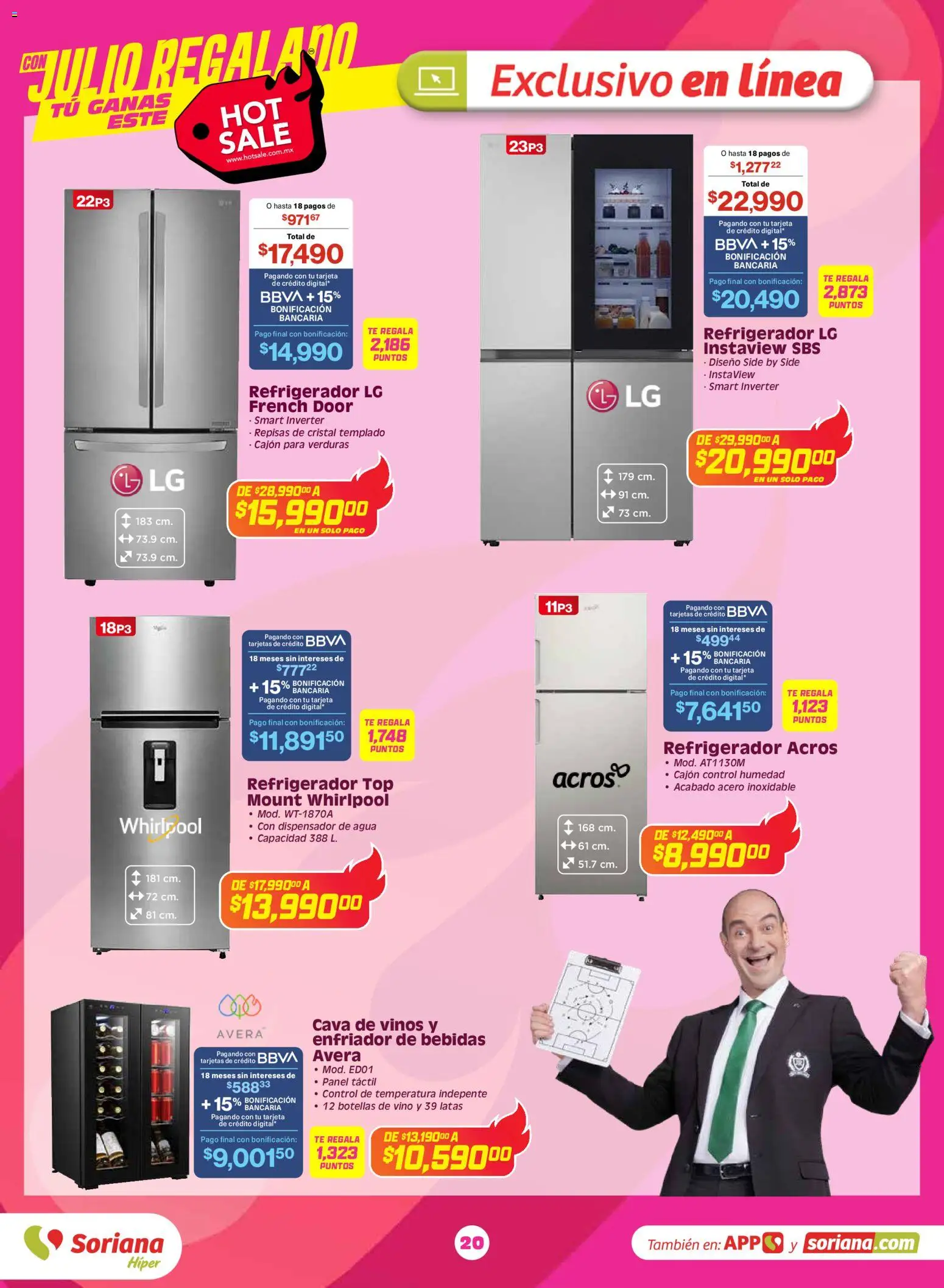 Nuevas ofertas de Soriana válidas en toda la República Mexicana desde el 25.05.2026. ¡Encuentra las mejores ofertas en Soriana Hot Sale Híper Nacional! | Página: 20 | Productos: Refrigerador, Top, Vino, Té