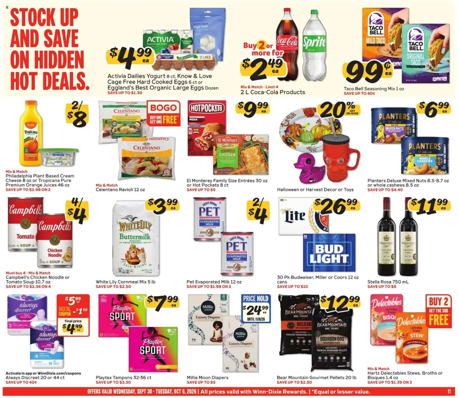 Winn Dixie Weekly Weekly Ad - valid from 09/30/2026 | Page: 11 | Products: Chicken, Pizza, Tampons, Cashews