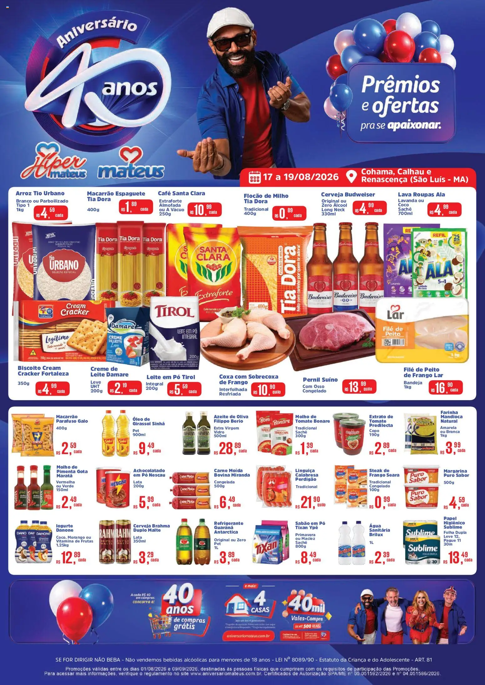 Mateus Folheto - válido de 17/08/2026 | Página: 1 | Produtos: Carne moída bovina, Arroz, Macarrão, Pernil suíno