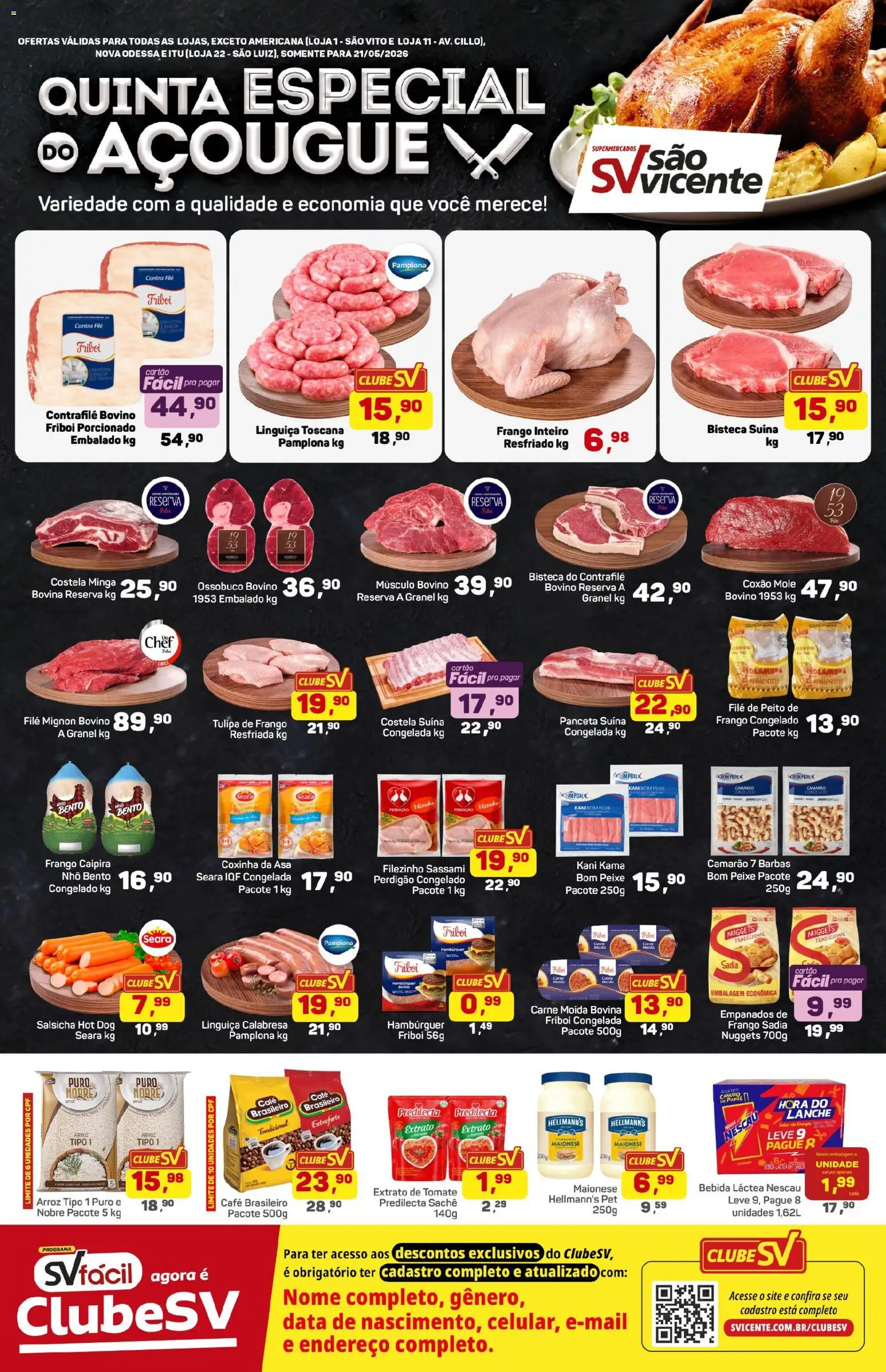 Supermercados São Vicente Folheto - válido de 21.05.2026 | Página: 1 | Produtos: Filé mignon, Café, Carne, Hambúrguer