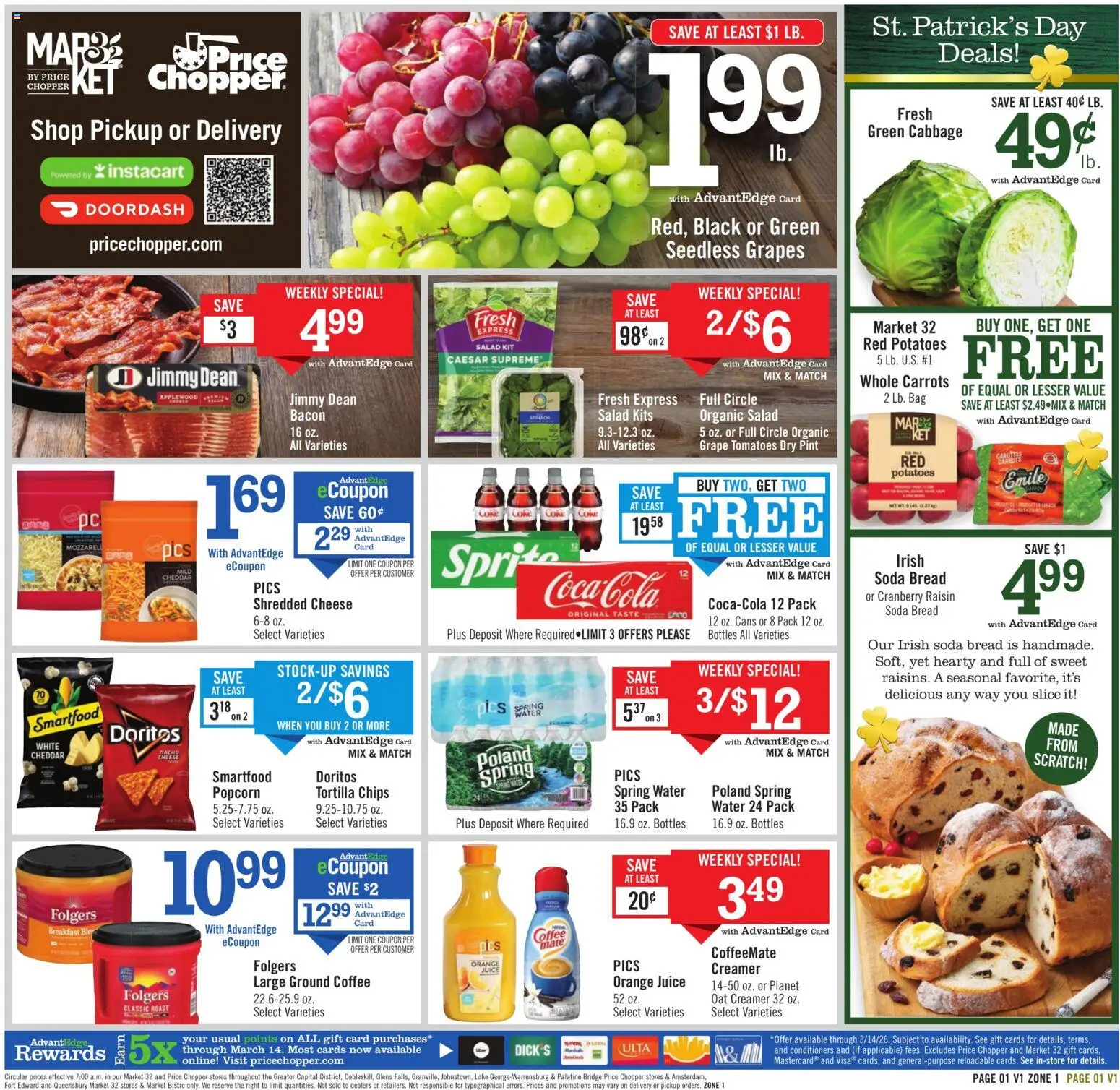 Price Chopper Weekly Ad - valid from 08.03.2026 | Page: 1 | Products: Spinach, Coffee, Chips, Cabbage