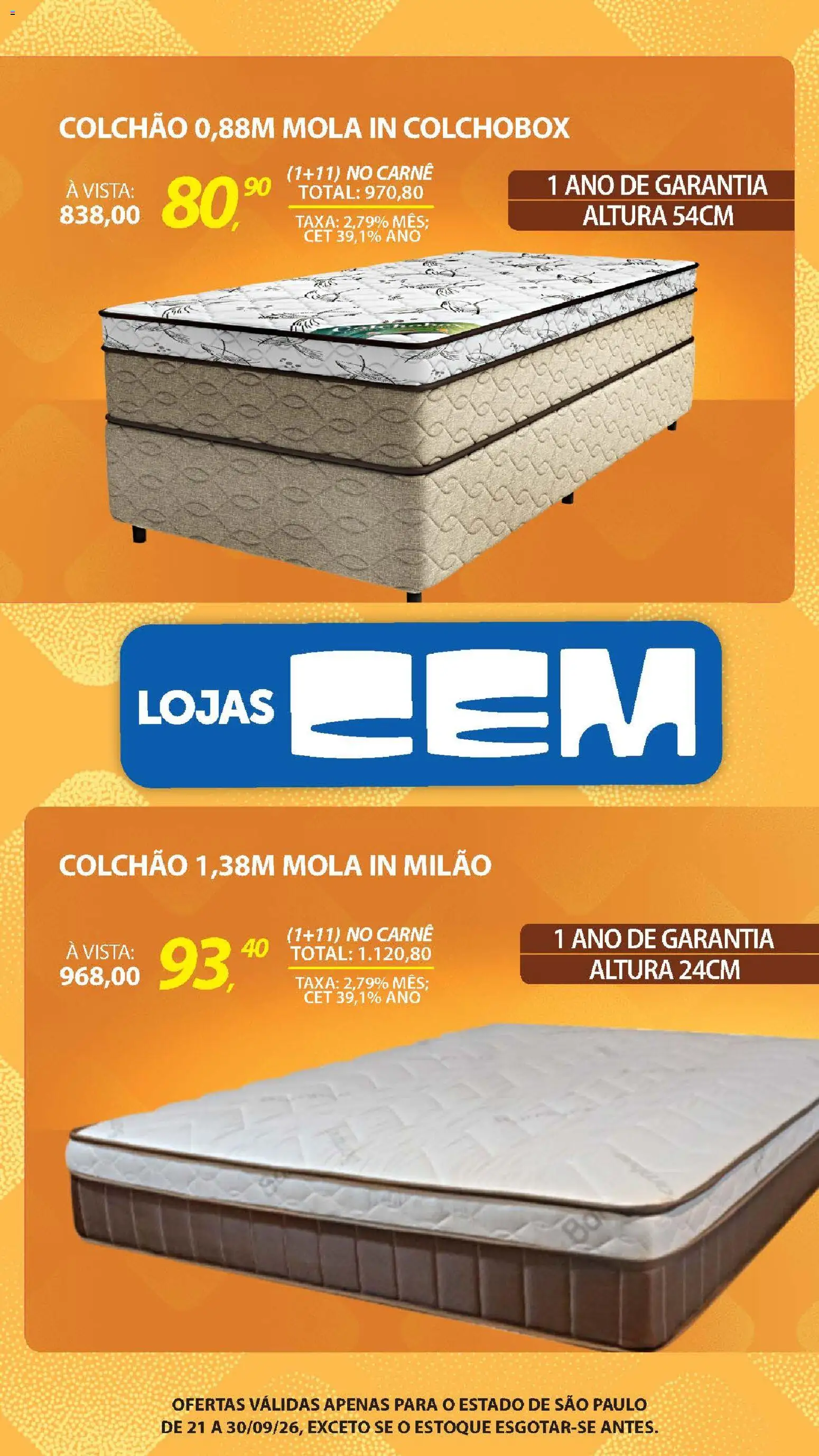 Lojas Cem Folheto - válido de 21/09/2026 | Página: 21 | Produtos: Colchão, Carne