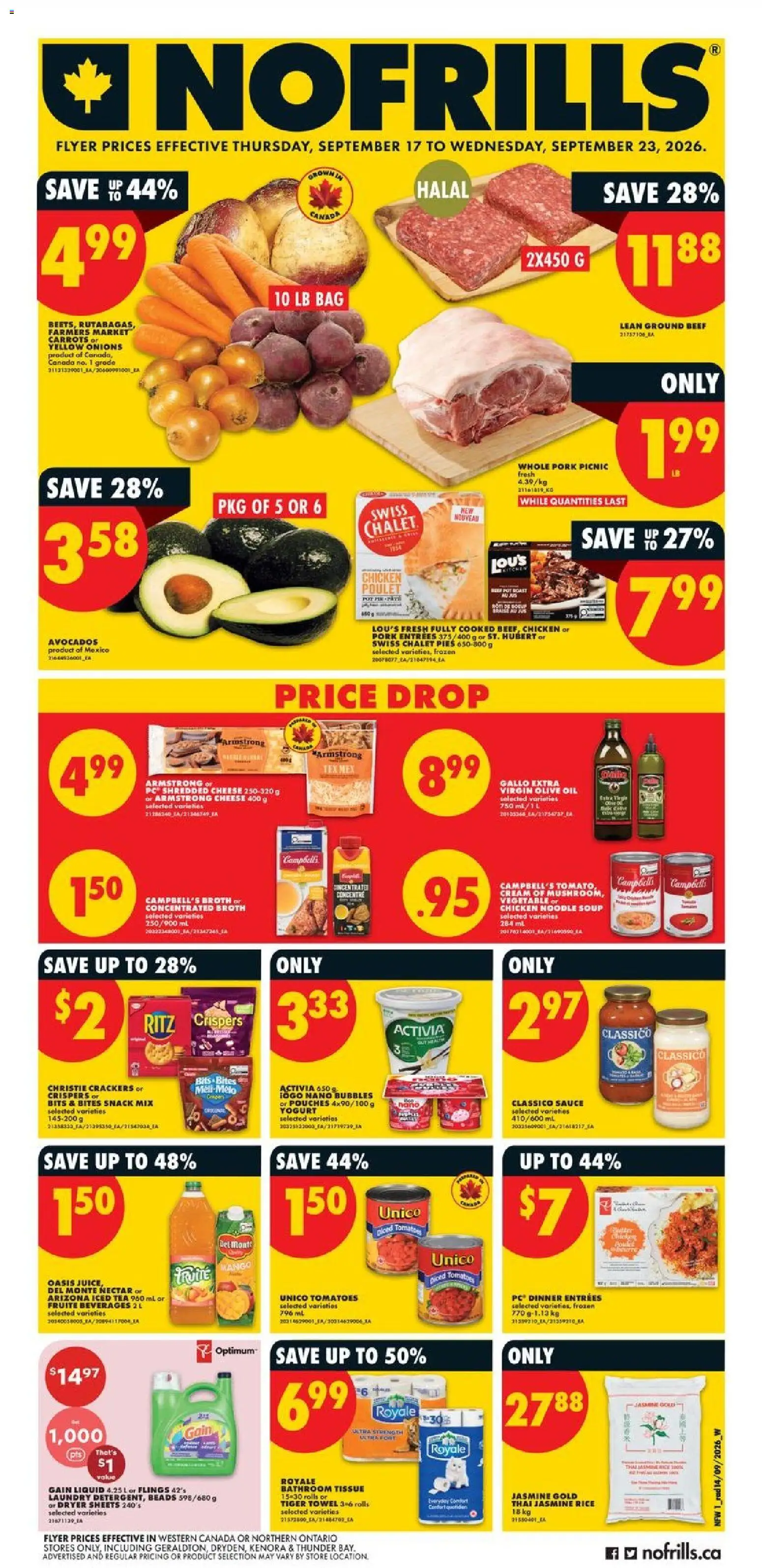 No Frills flyer valid from Sep 17, 2026 | Page: 1 | Products: PC, Jasmine rice, Olive oil, Pork