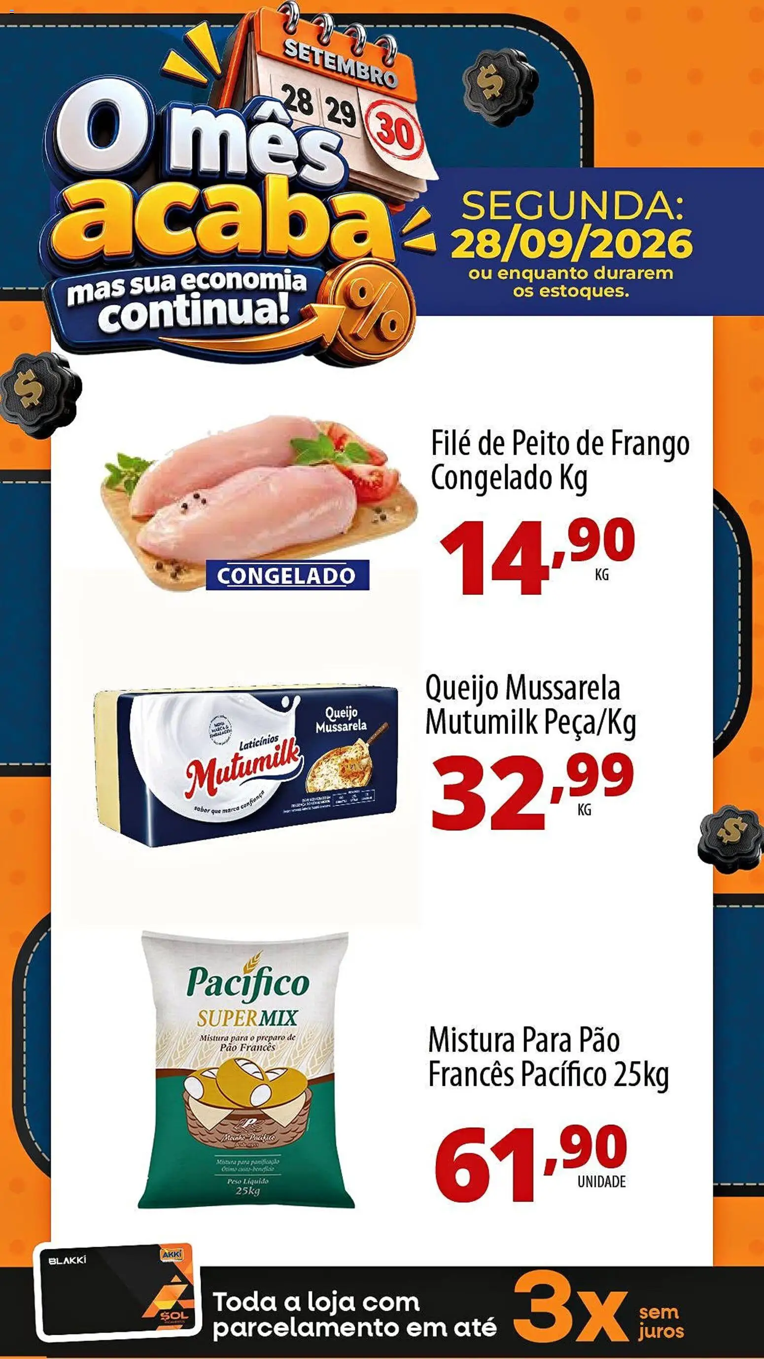 Akki Atacadista Folheto - válido de 28/09/2026 | Página: 1 | Produtos: Queijo, Pão, Frango, Pão francês