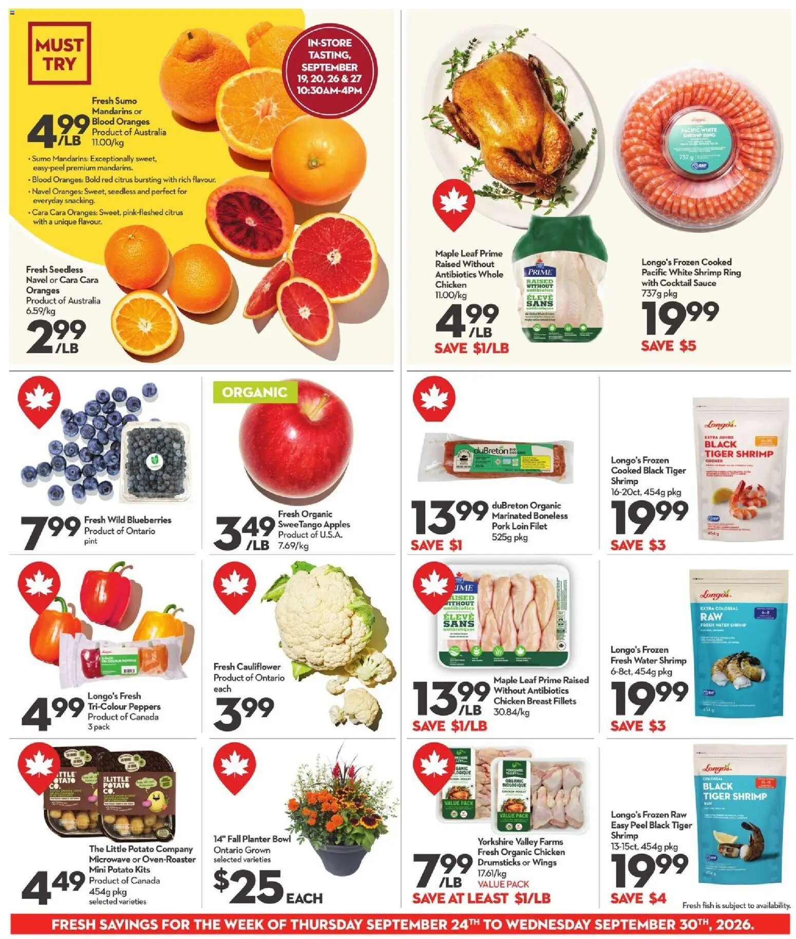 Longo's flyer valid from Sep 24, 2026 | Page: 5 | Products: Drumsticks, Chicken breast, Cauliflower, Chicken