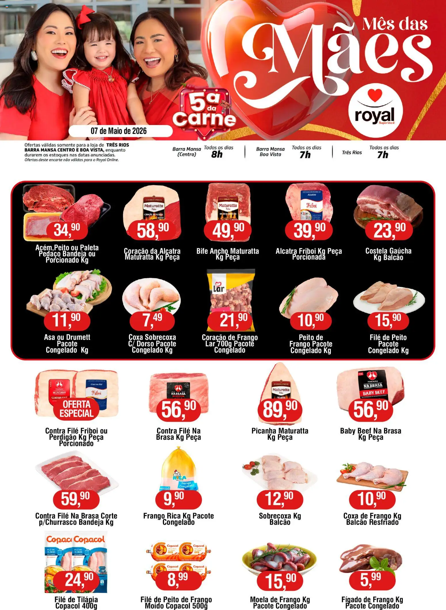 Royal Supermercados Folheto - válido de 07.05.2026 | Página: 1 | Produtos: Coração de frango, Moela, Tilápia, Bandeja