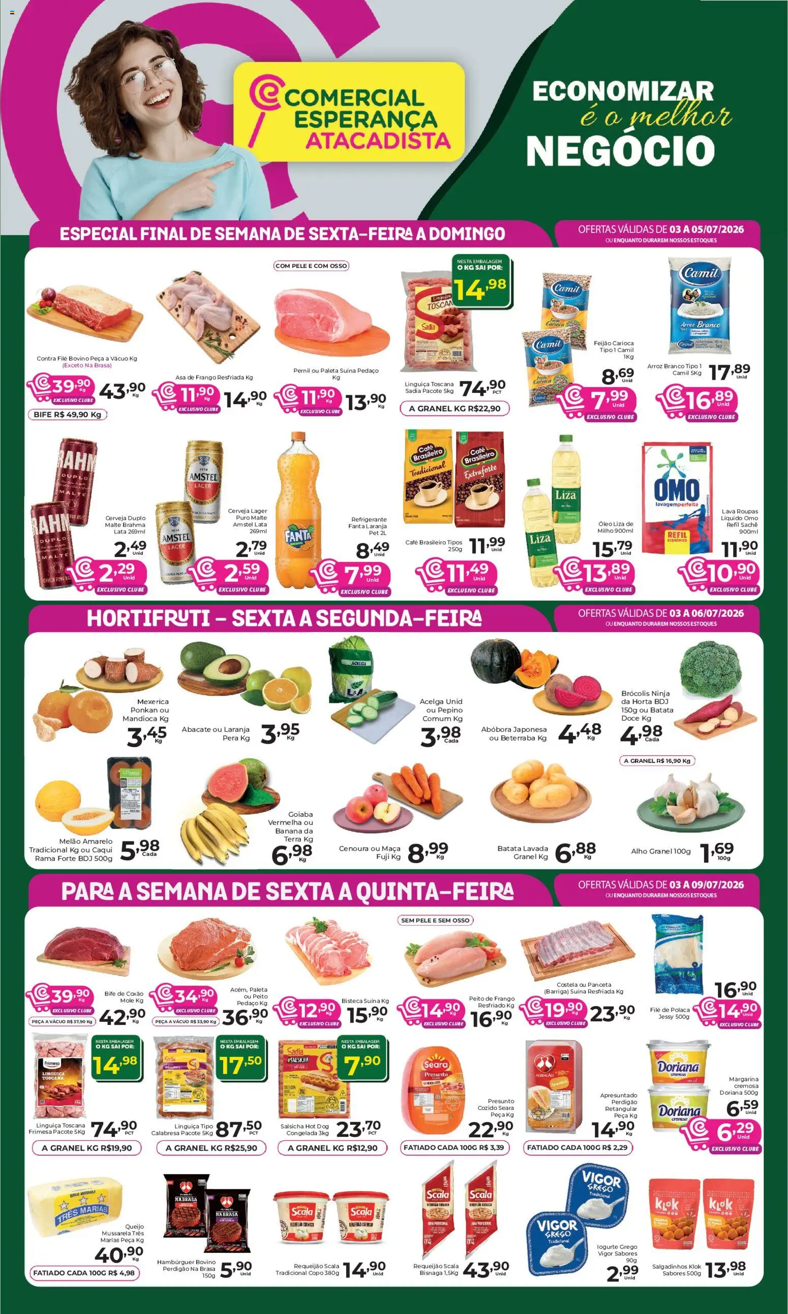Comercial Esperança Folheto - válido de 03/07/2026 | Página: 1 | Produtos: Mandioca, Linguiça, Batata, File de polaca
