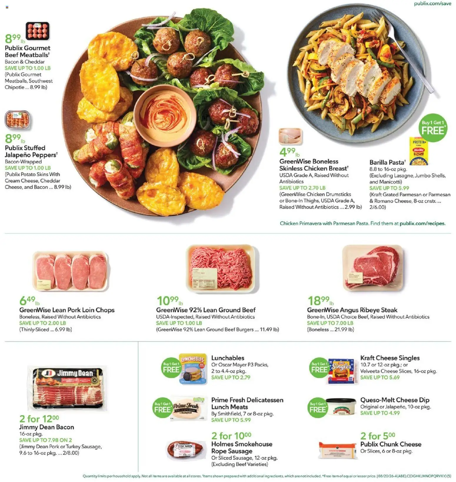 Publix Weekly Ad - valid from 08/19/2026 | Page: 5 | Products: Chicken drumsticks, Pork, Bacon, Drumsticks