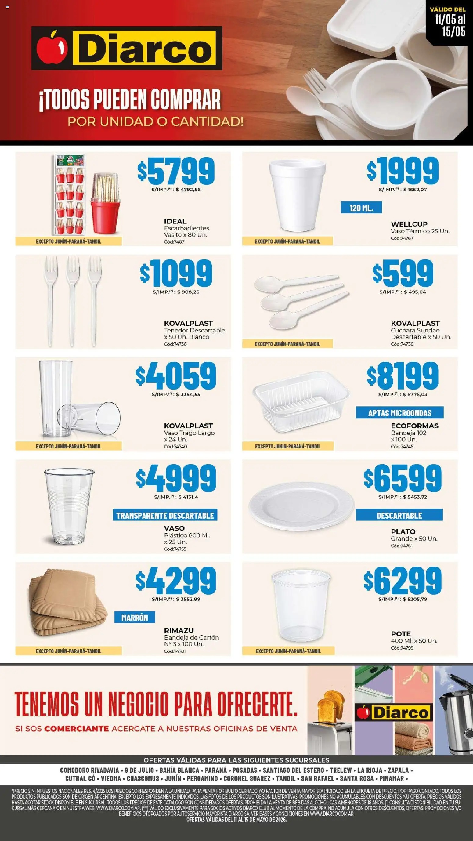 Diarco ESPECIAL DESCARTABLES │ válido desde el 11.05.2026 | Página: 1 | Productos: Cuchara, Tenedor, Bandeja, Microondas