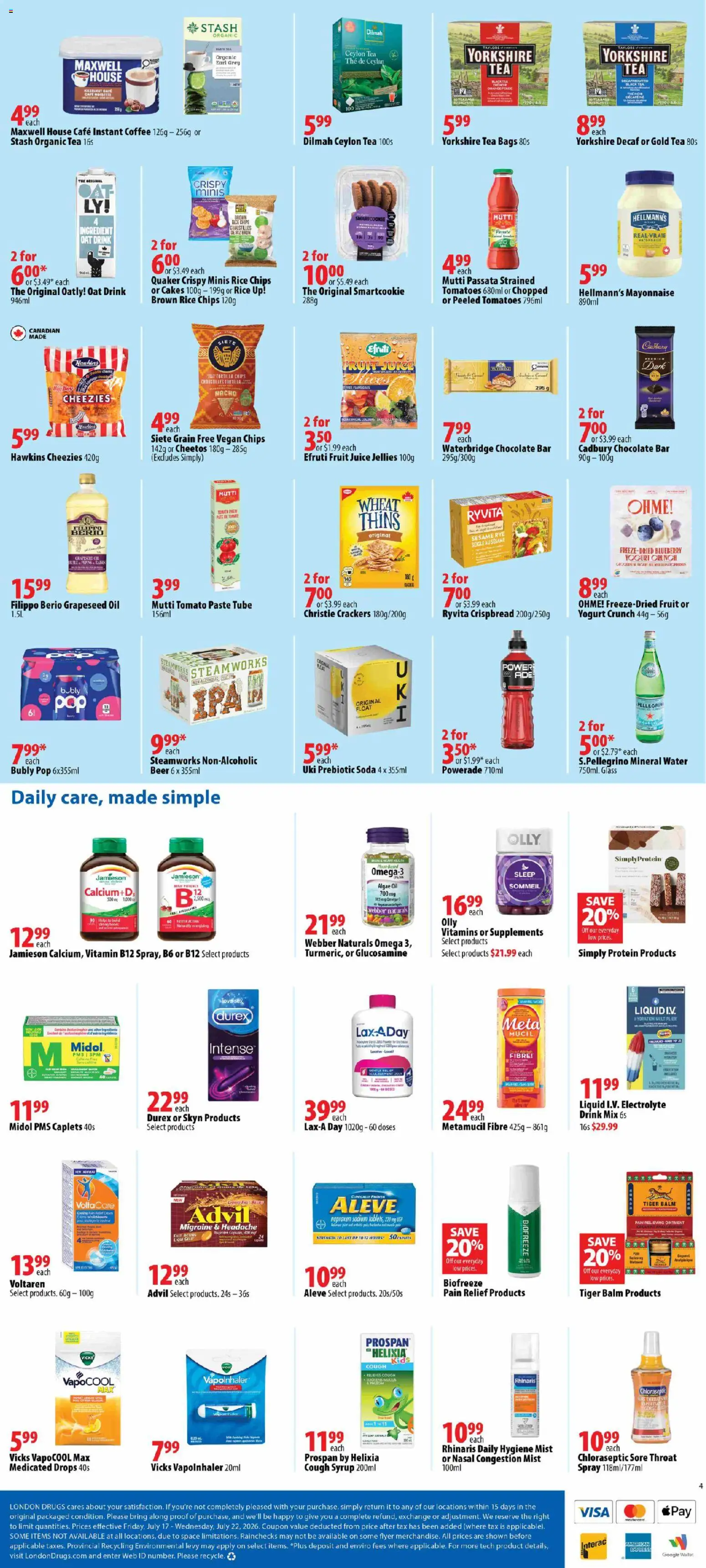 London Drugs flyer valid from Jul 17, 2026 | Page: 4 | Products: Wallet, Oil, Chocolate, Beer
