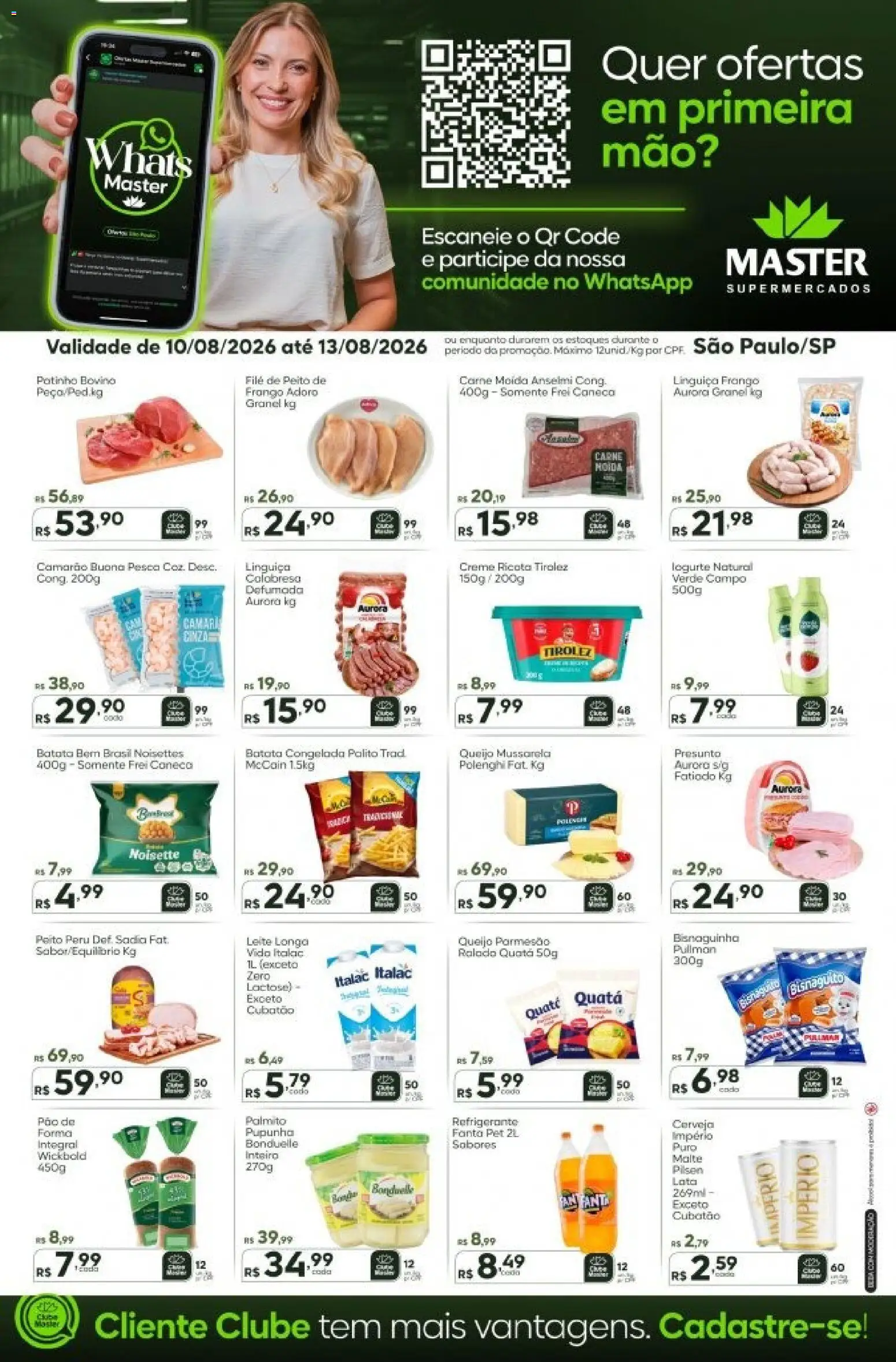 Master Folheto - válido de 10/08/2026 | Página: 1 | Produtos: Pão, Cerveja, Frango, Carne moída